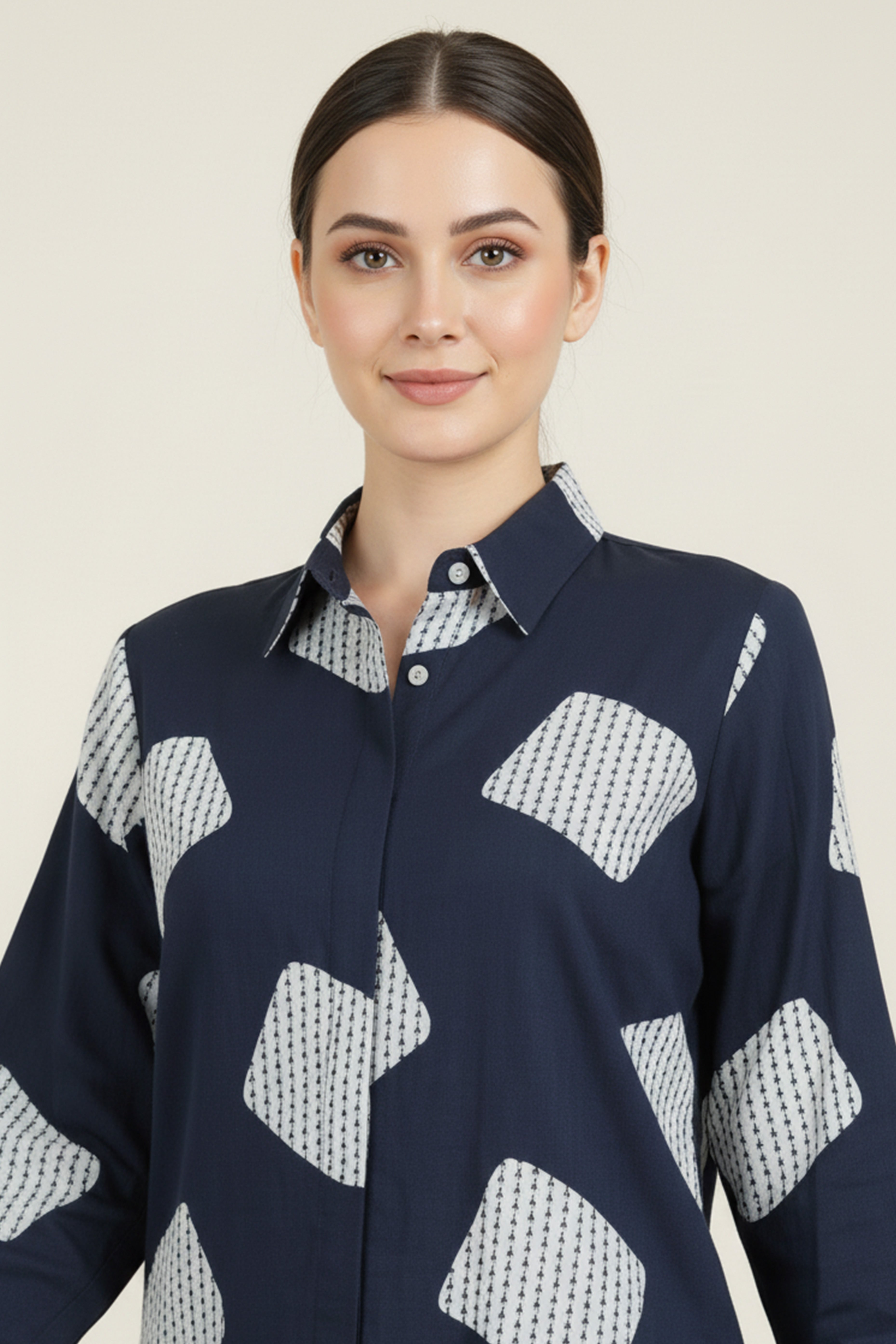 Navy Blue & White Geometric Printed Rayon Shirt Top With Collared Neckline