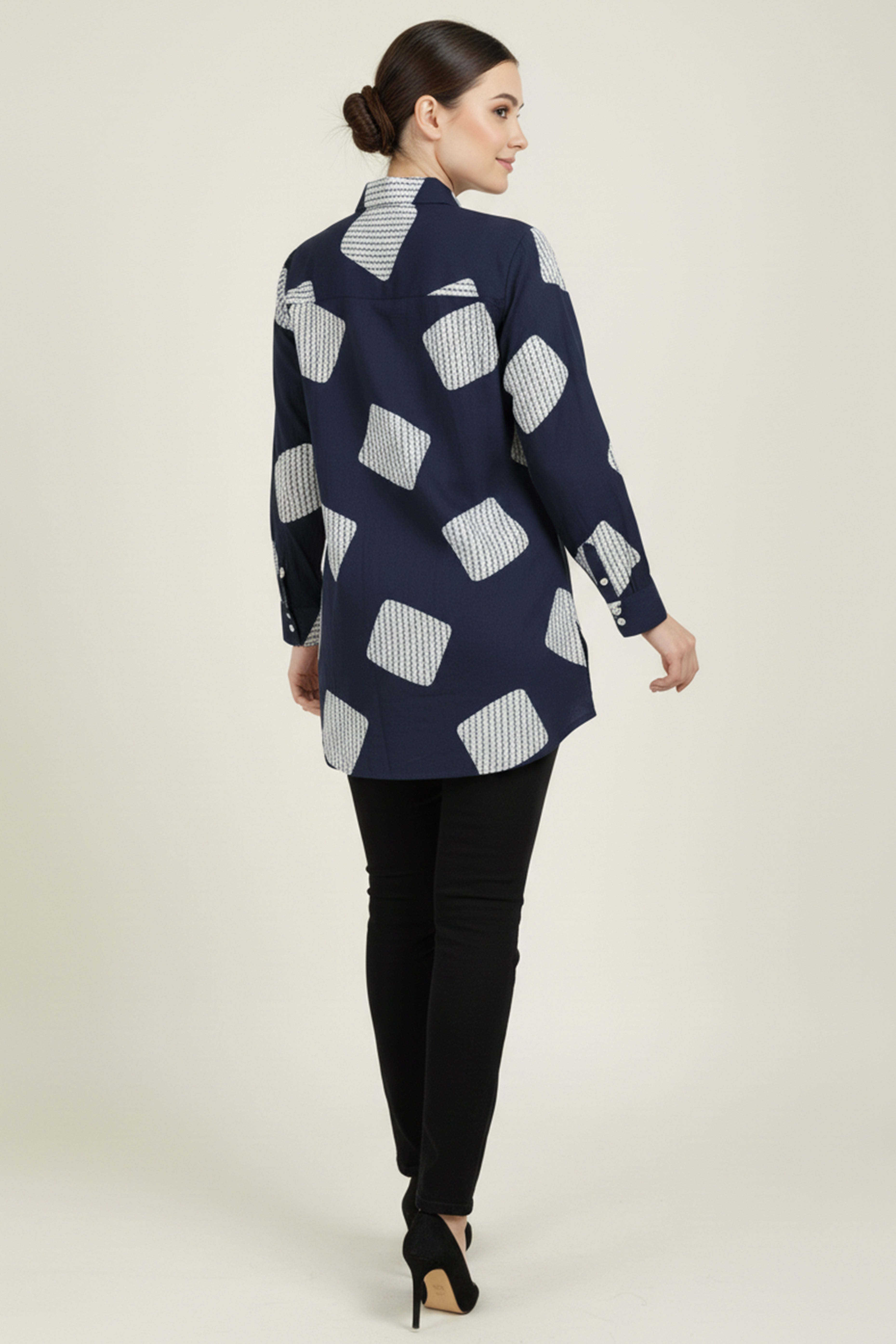 Navy Blue & White Geometric Printed Rayon Shirt Top With Collared Neckline