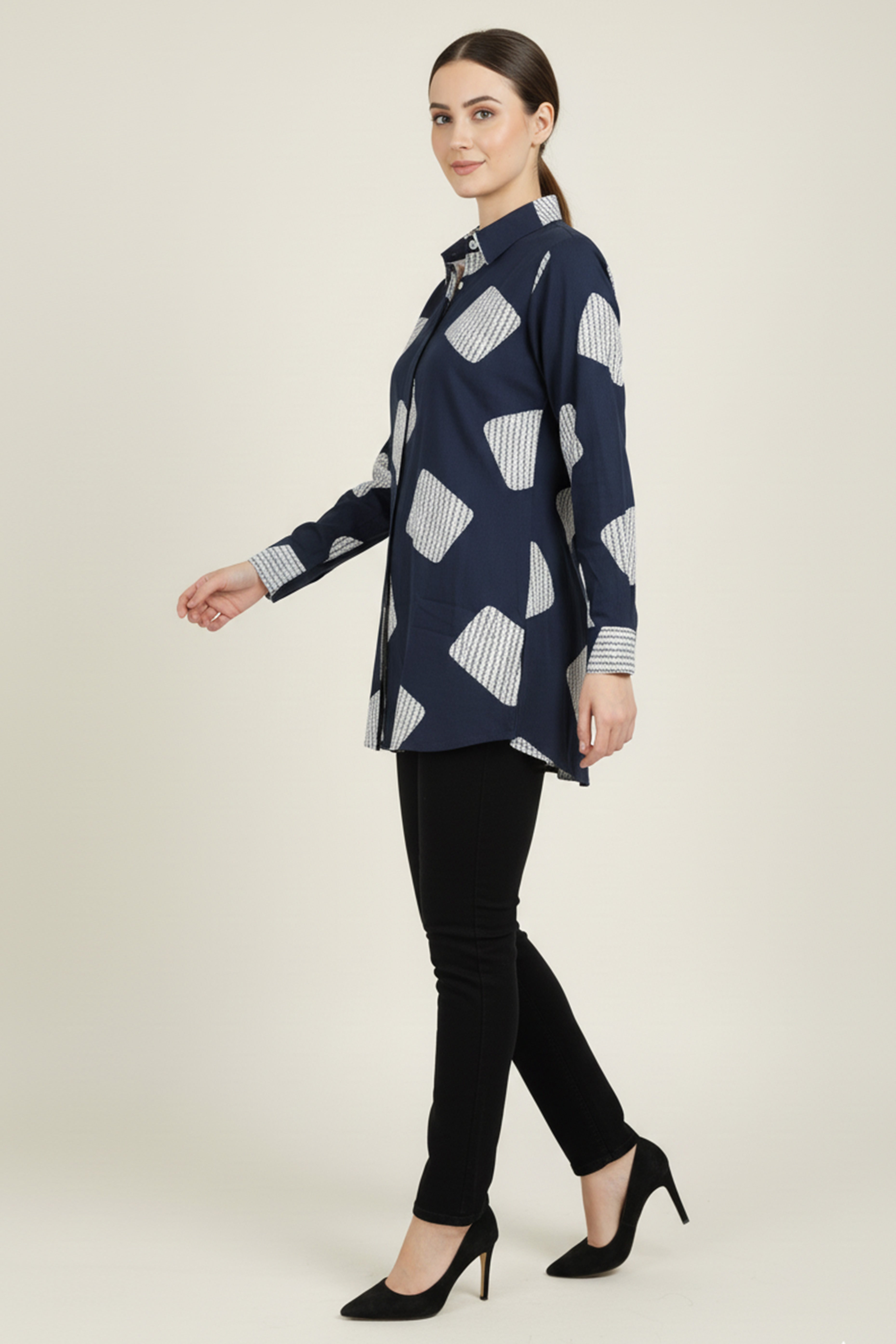 Navy Blue & White Geometric Printed Rayon Shirt Top With Collared Neckline