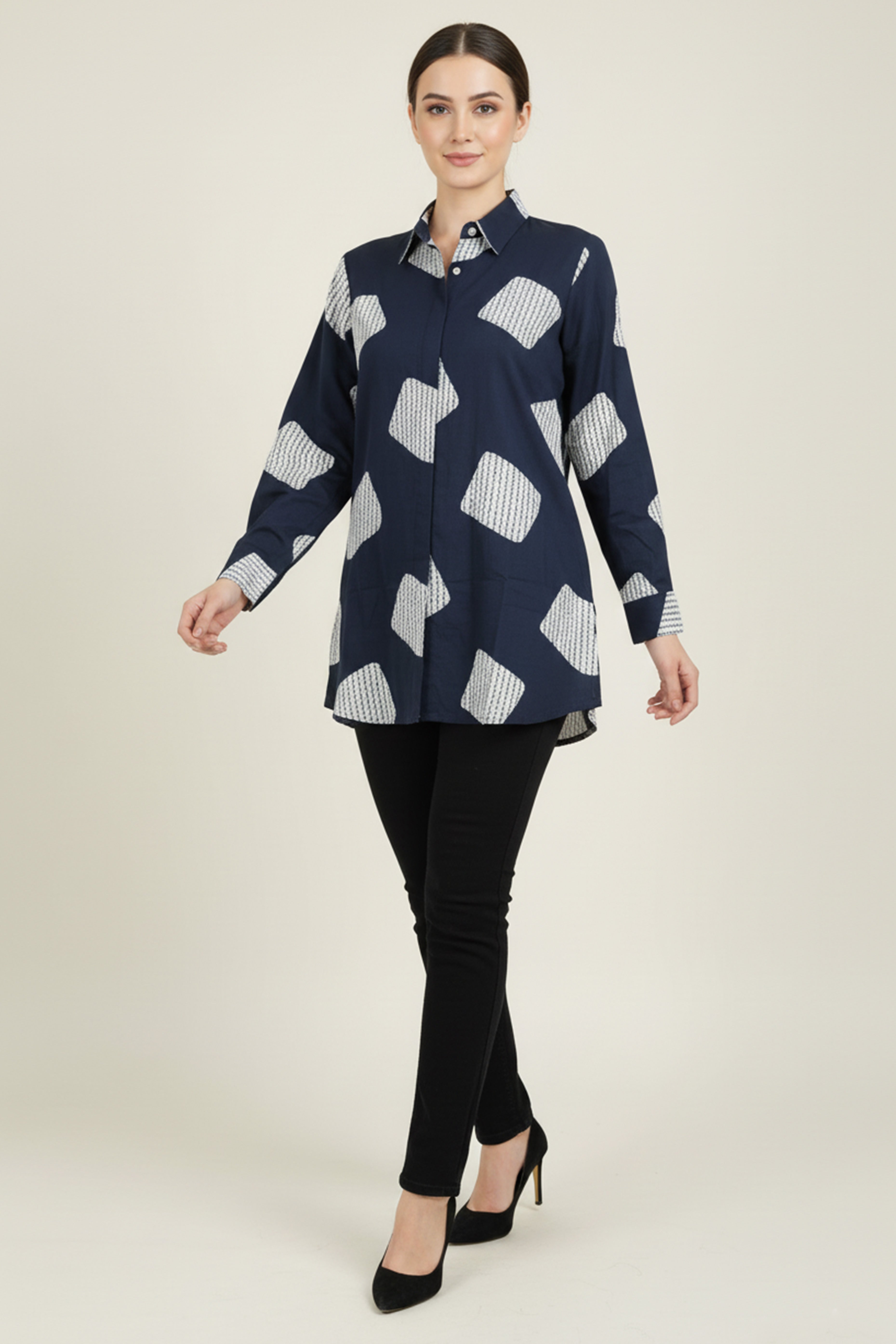 Navy Blue & White Geometric Printed Rayon Shirt Top With Collared Neckline