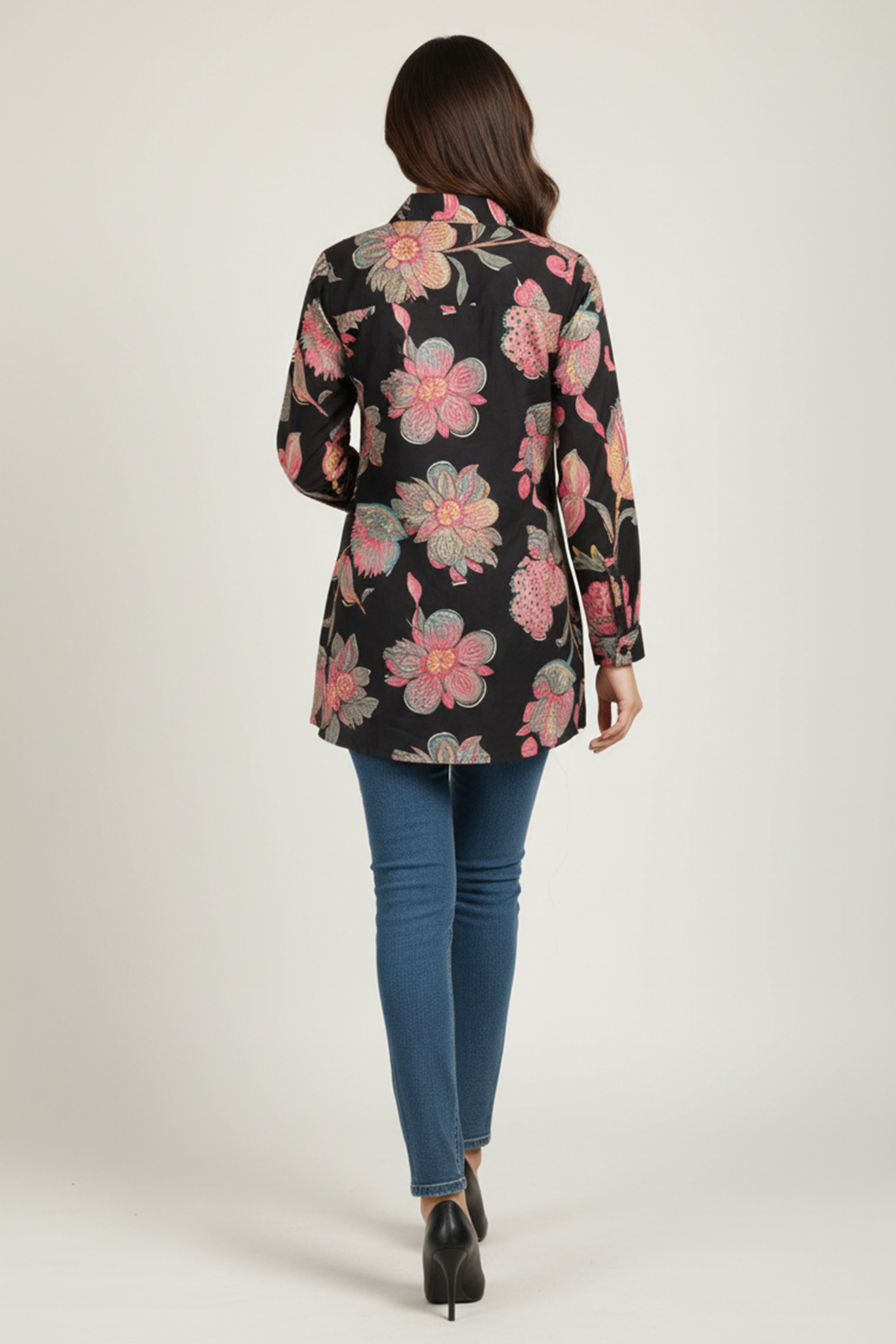 Black Muslin Shirt Top with Allover Floral Motifs