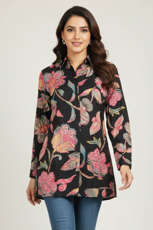 Black Muslin Shirt Top with Allover Floral Motifs