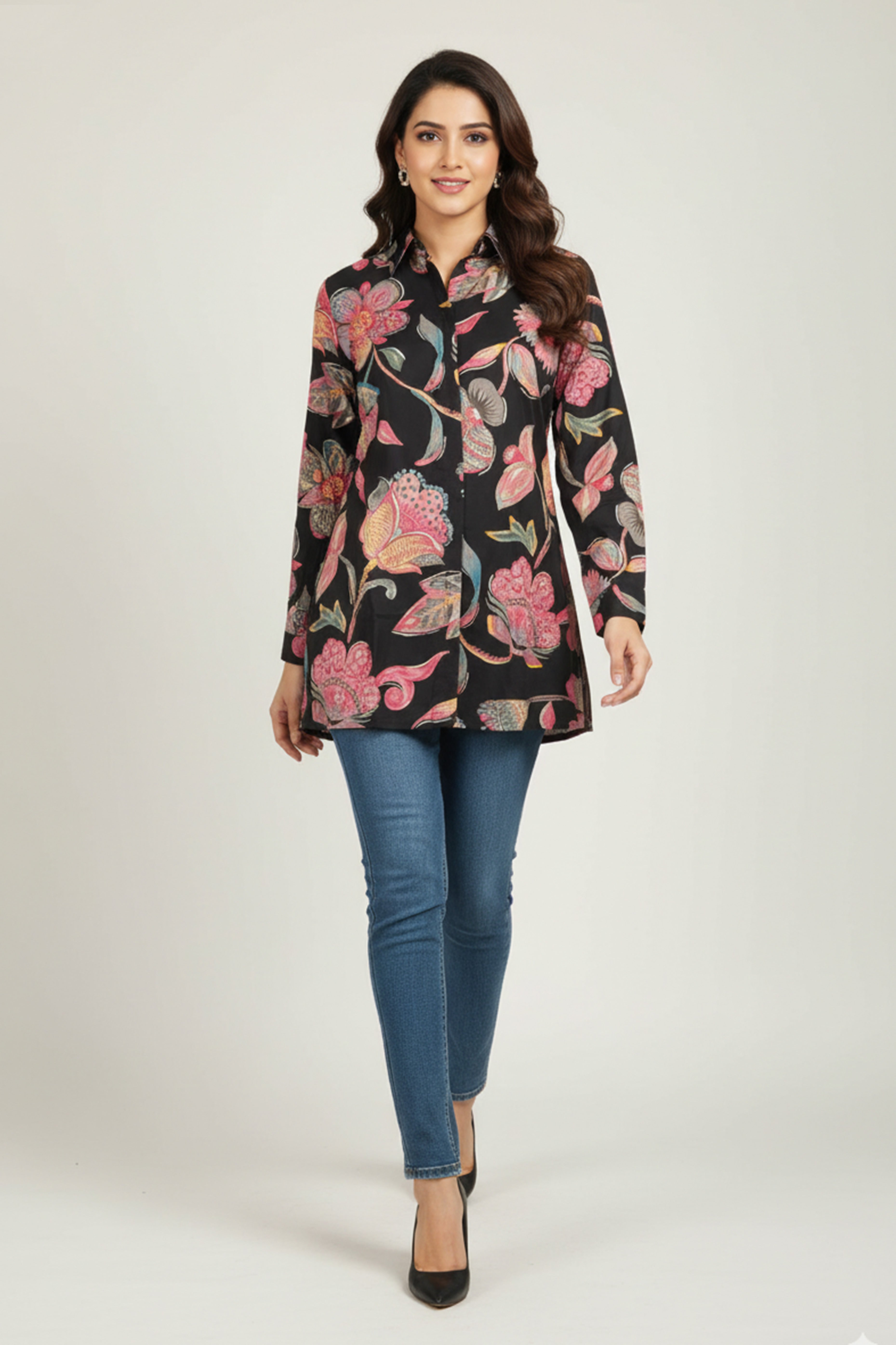Black Muslin Shirt Top with Allover Floral Motifs
