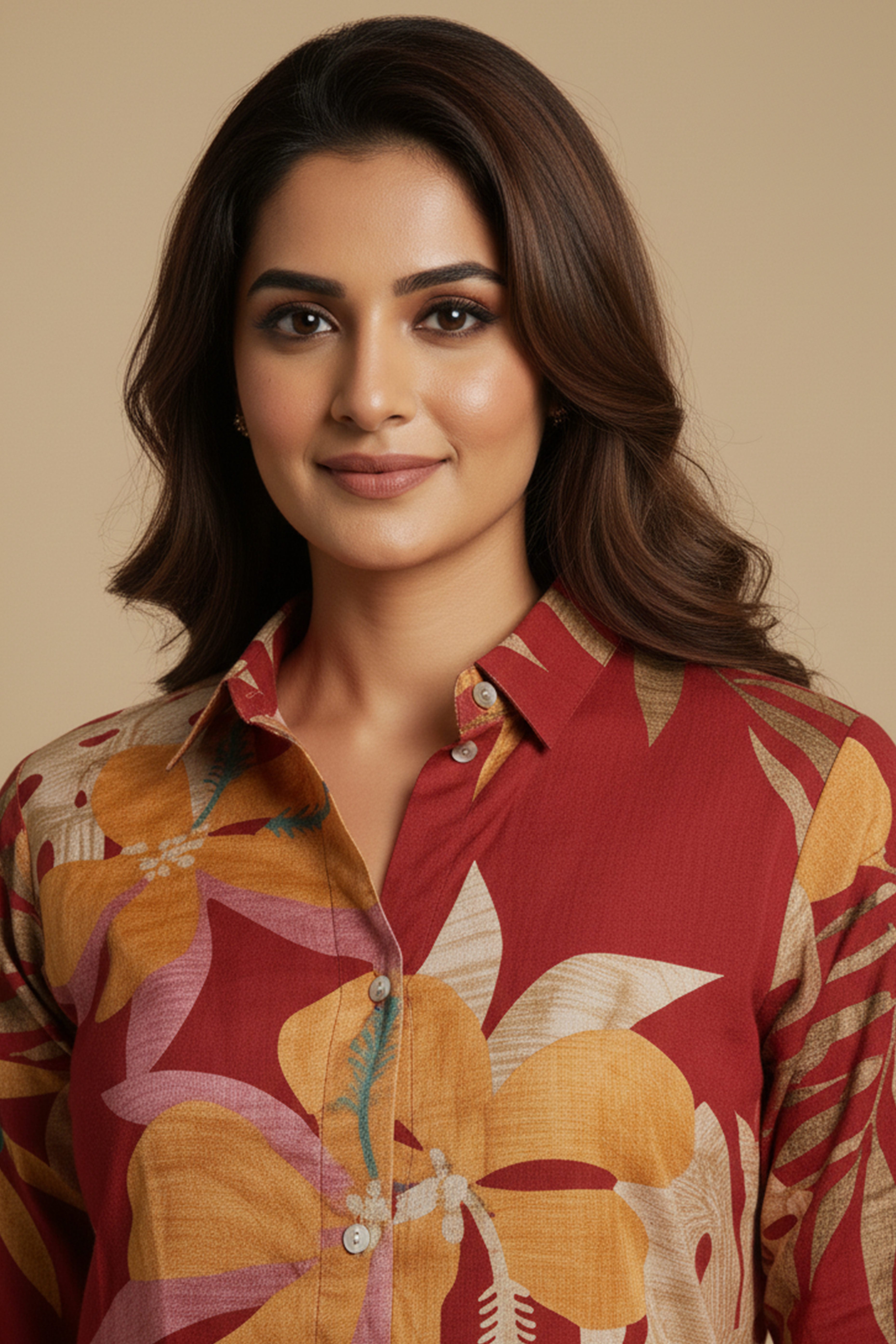 Trendy Red Floral Muslin Shirt Top With Smart Collared Neck & Button Down Front