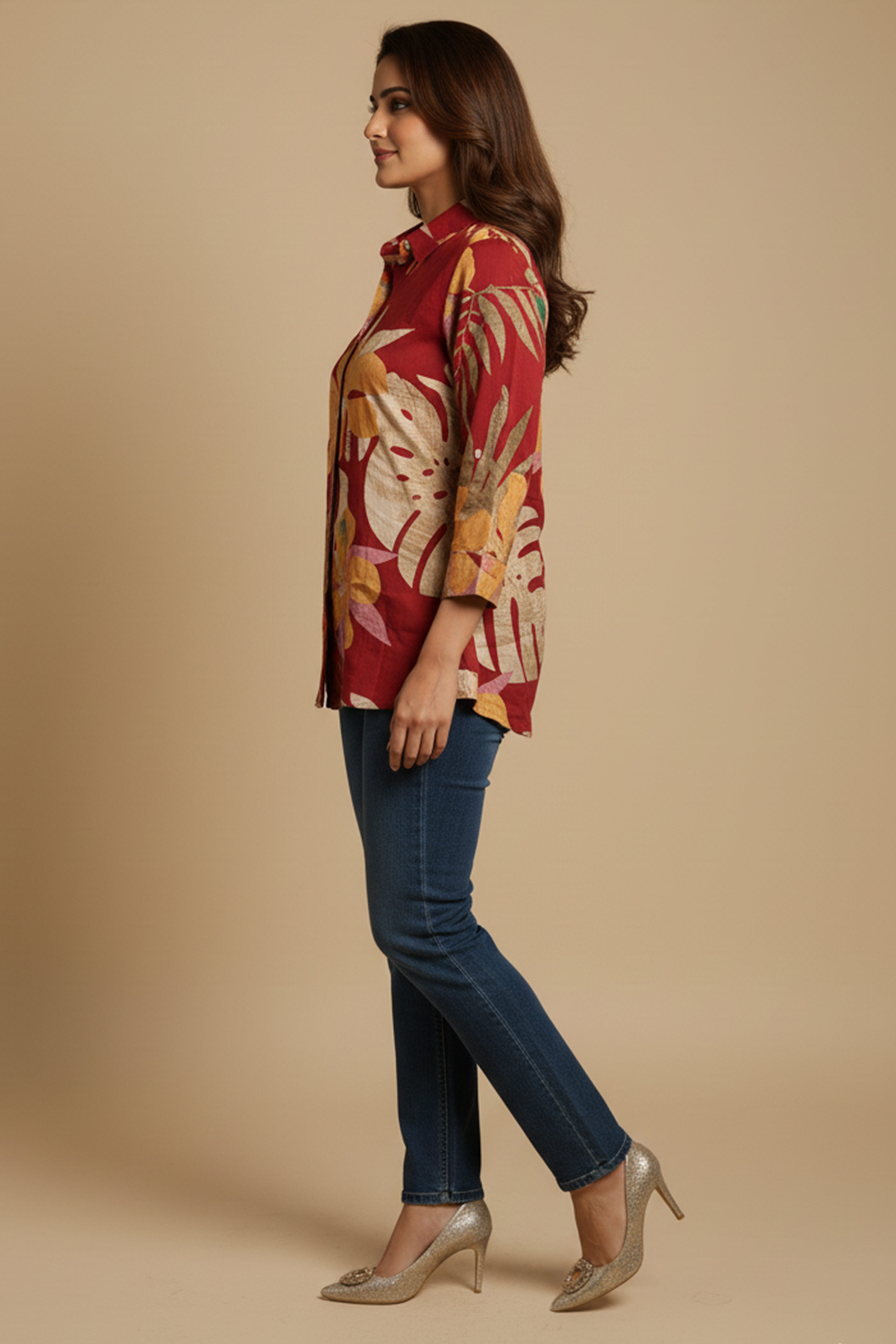 Trendy Red Floral Muslin Shirt Top With Smart Collared Neck & Button Down Front