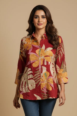 Trendy Red Floral Muslin Shirt Top With Smart Collared Neck & Button Down Front
