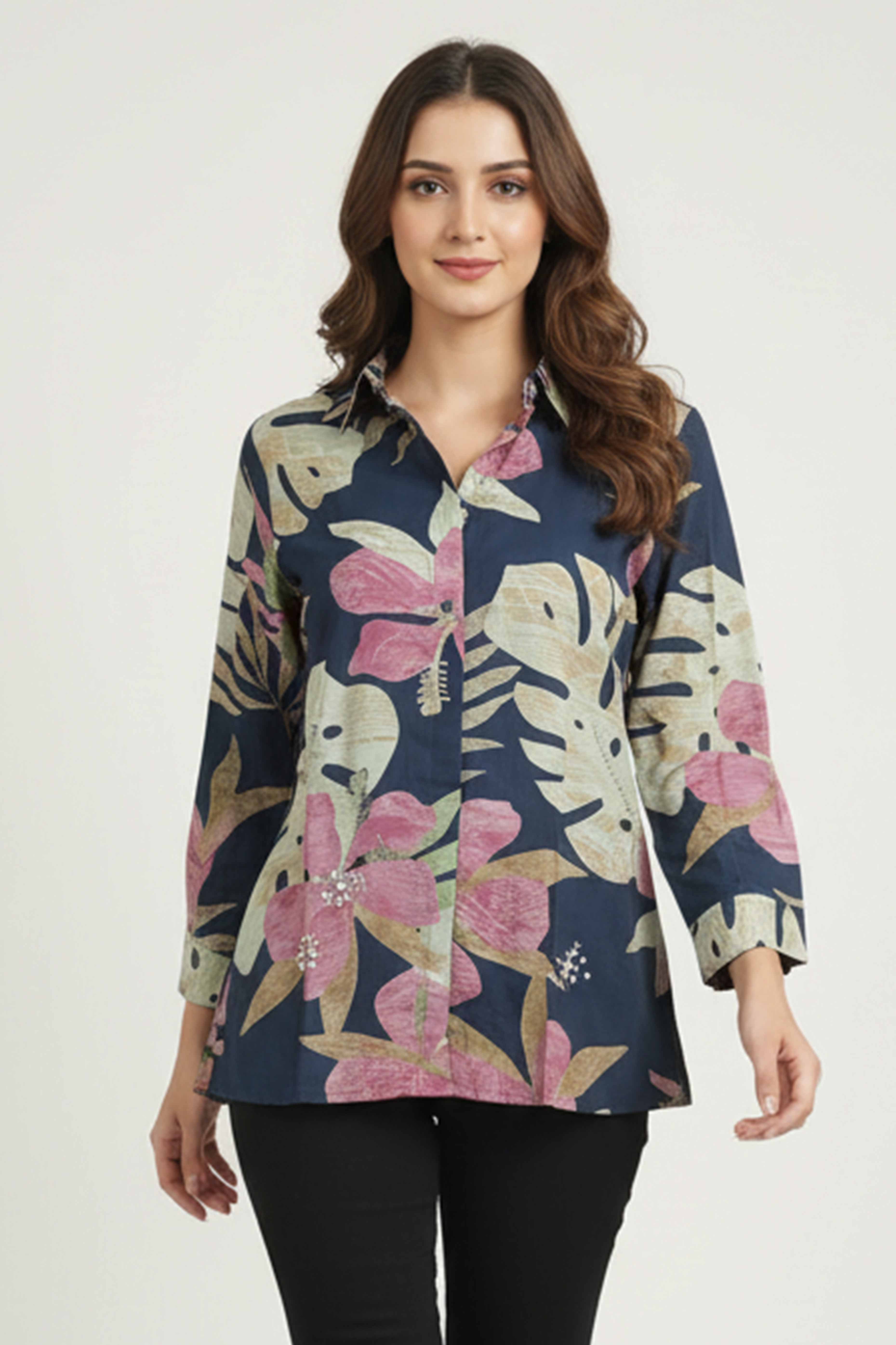 Trendy Blue Floral Muslin Shirt Top With Smart Collared Neck & Button Down Front