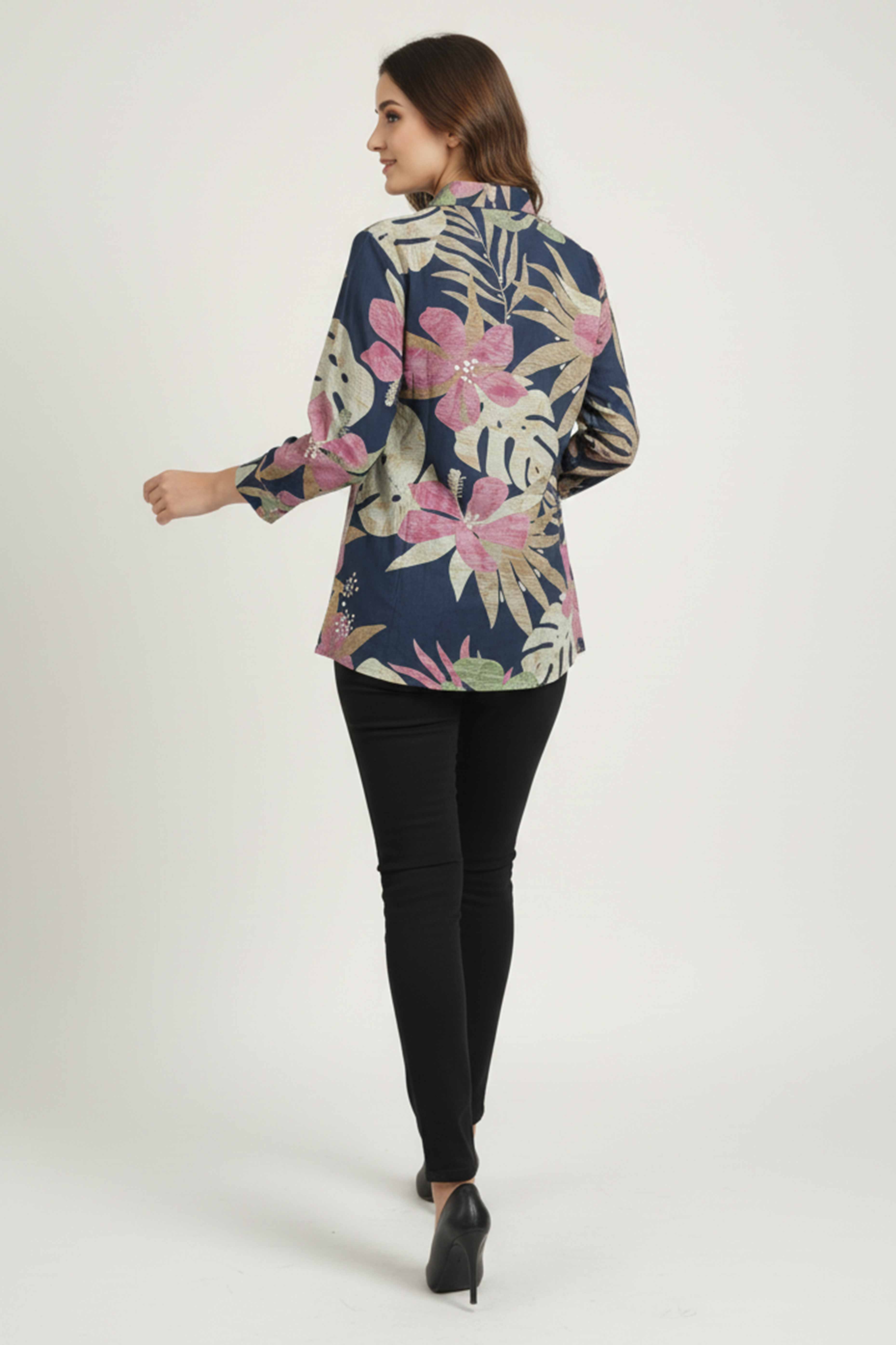 Trendy Blue Floral Muslin Shirt Top With Smart Collared Neck & Button Down Front