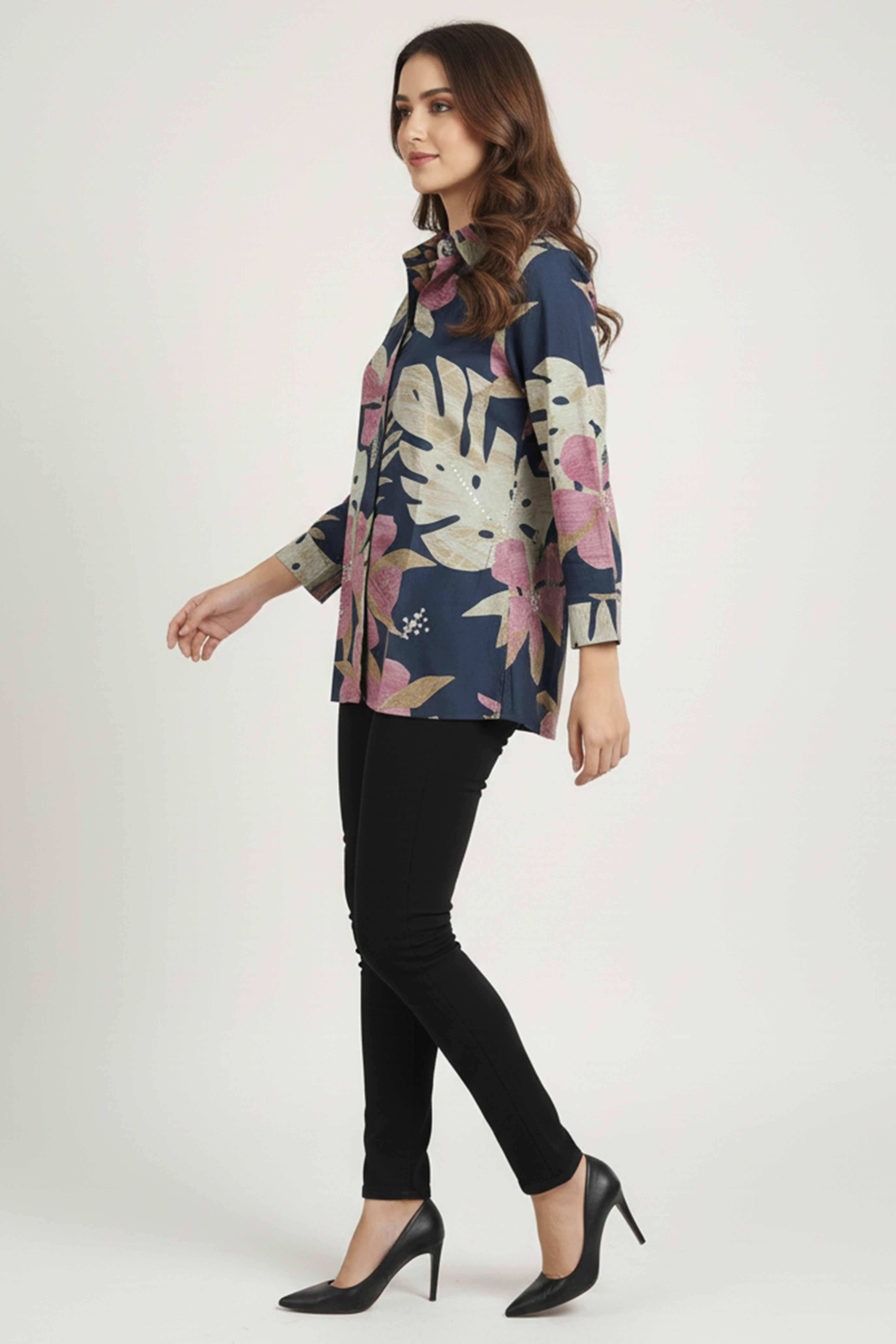 Trendy Blue Floral Muslin Shirt Top With Smart Collared Neck & Button Down Front