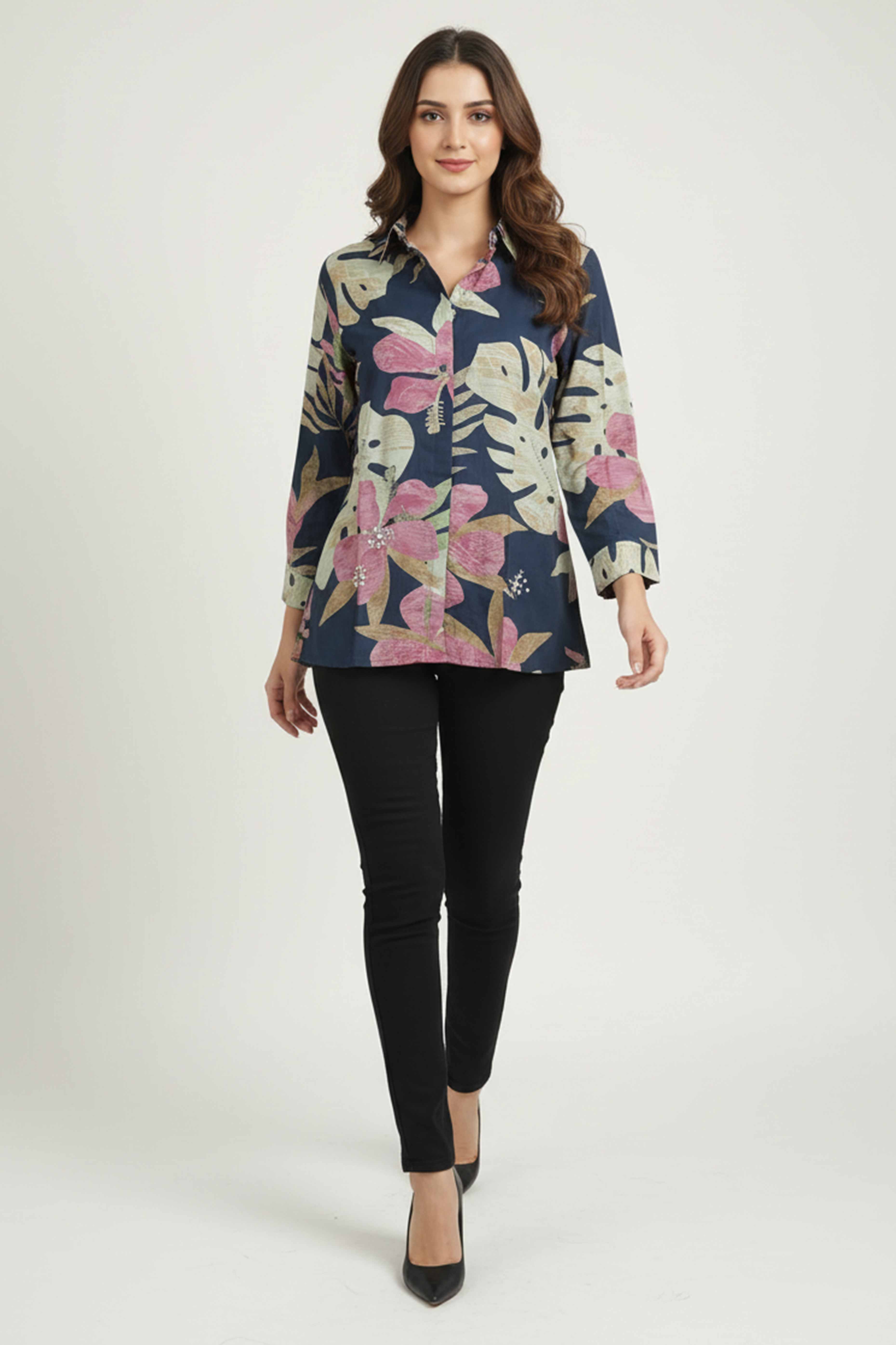 Trendy Blue Floral Muslin Shirt Top With Smart Collared Neck & Button Down Front