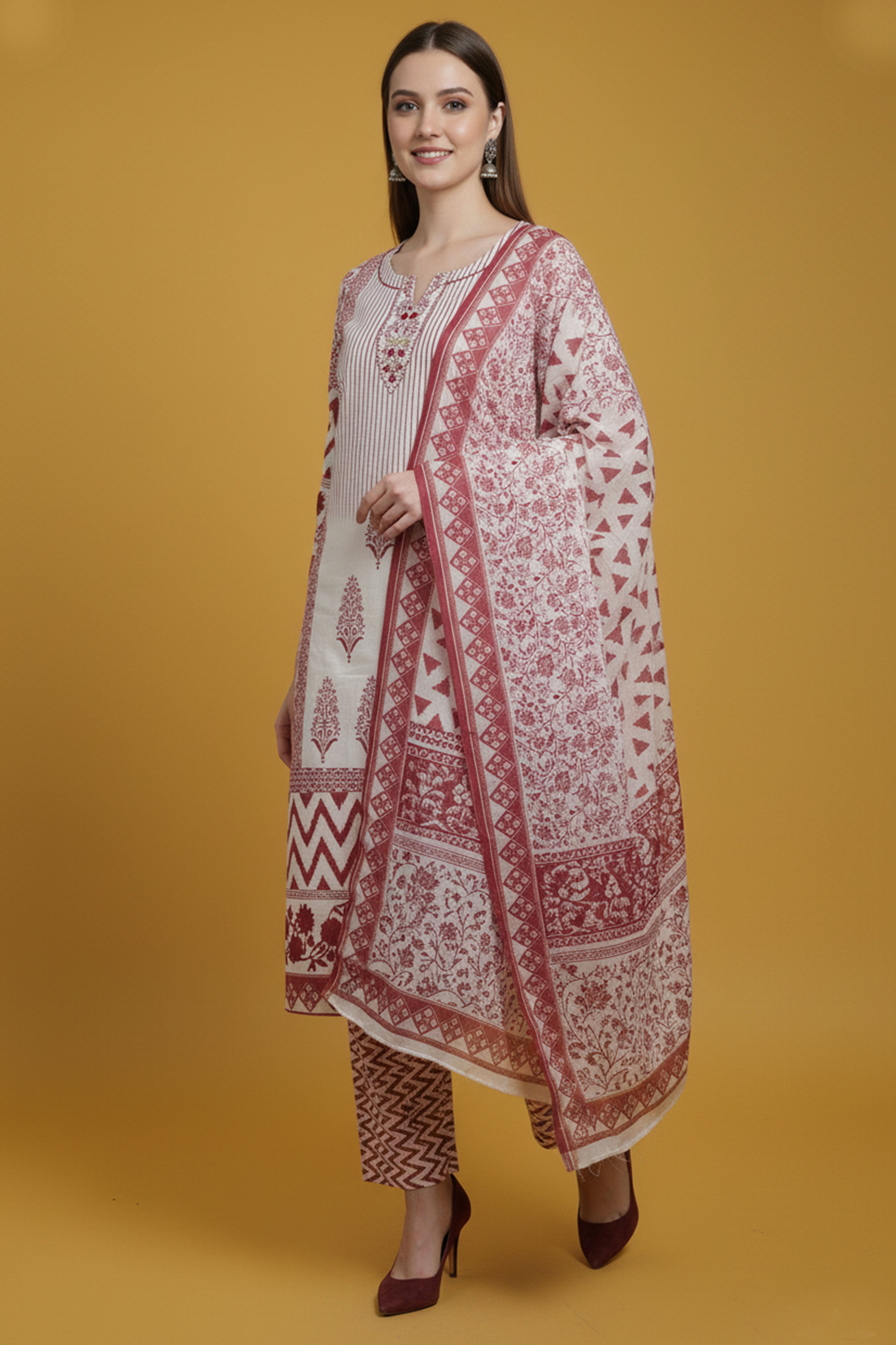 Designer White Pure Cotton Salwar Suit Adorned with Floral Prints and Fine Handwork