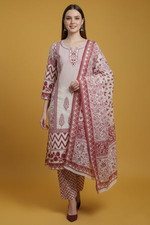 Designer White Pure Cotton Salwar Suit Adorned with Floral Prints and Fine Handwork