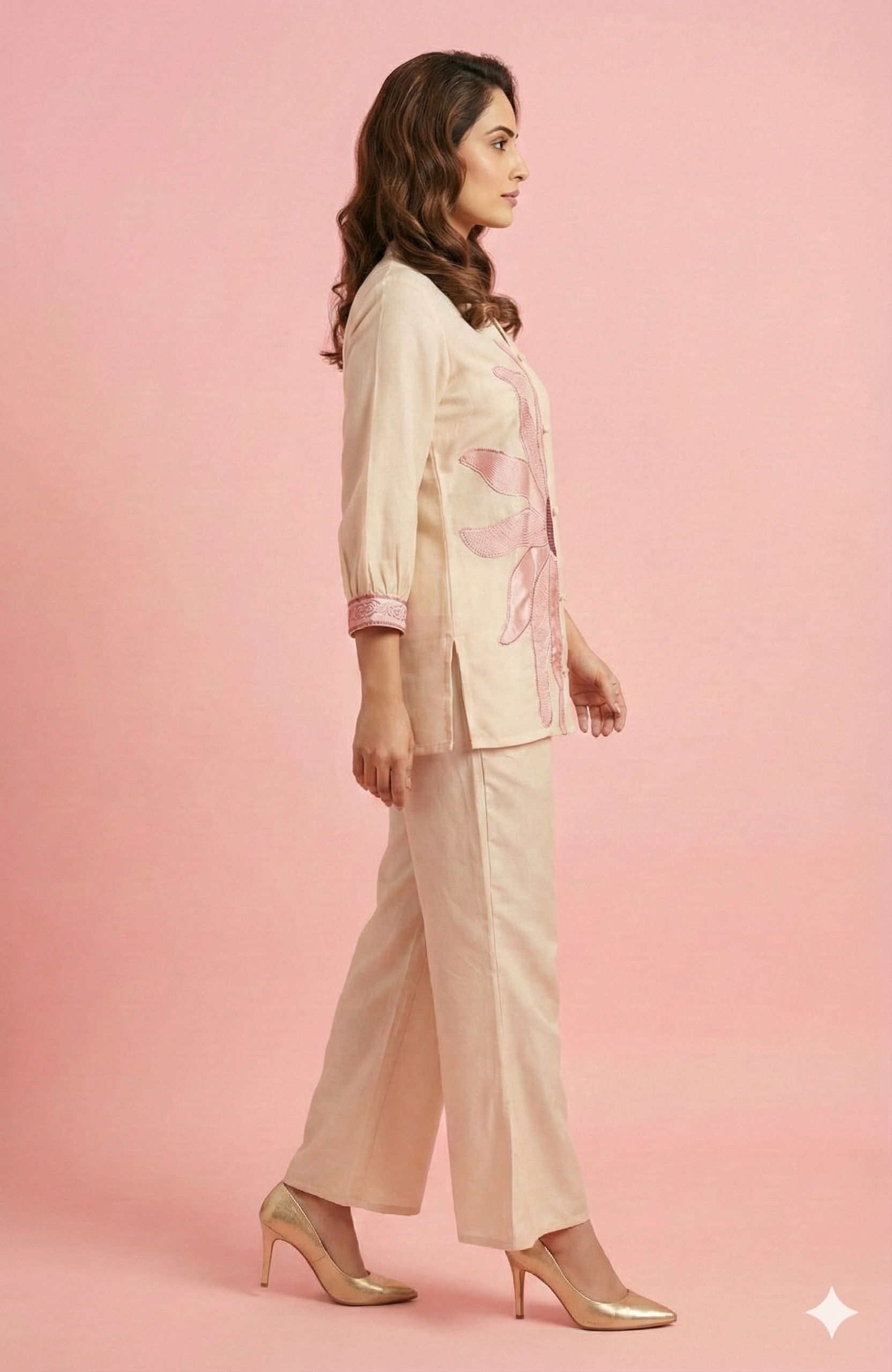 Peach Chiffon Straight-Fit Top and Bottom Set Featuring Statement Floral Embroidery