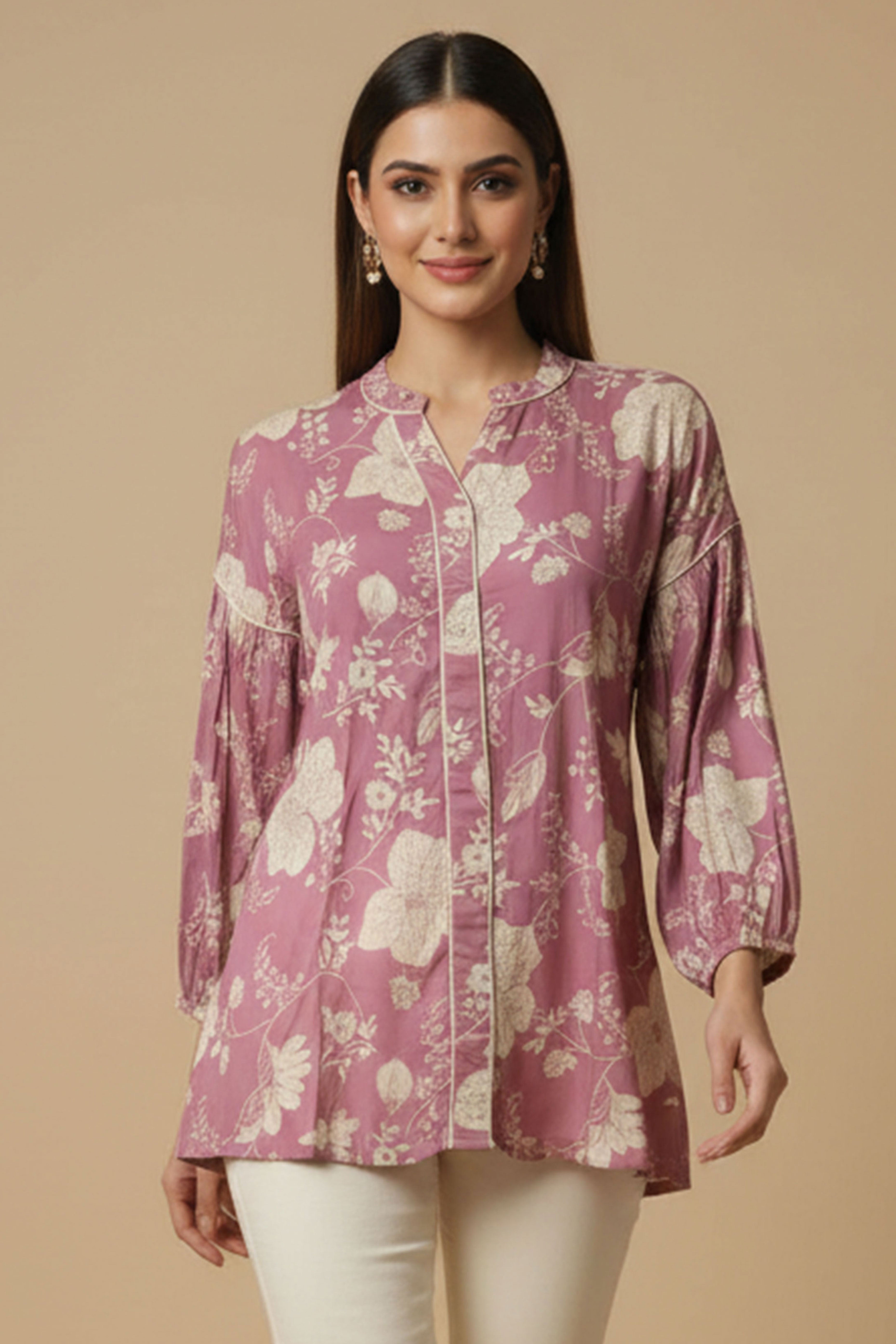 Light Pink Floral Printed Muslin Straight Top Perfect for Everyday Fashion