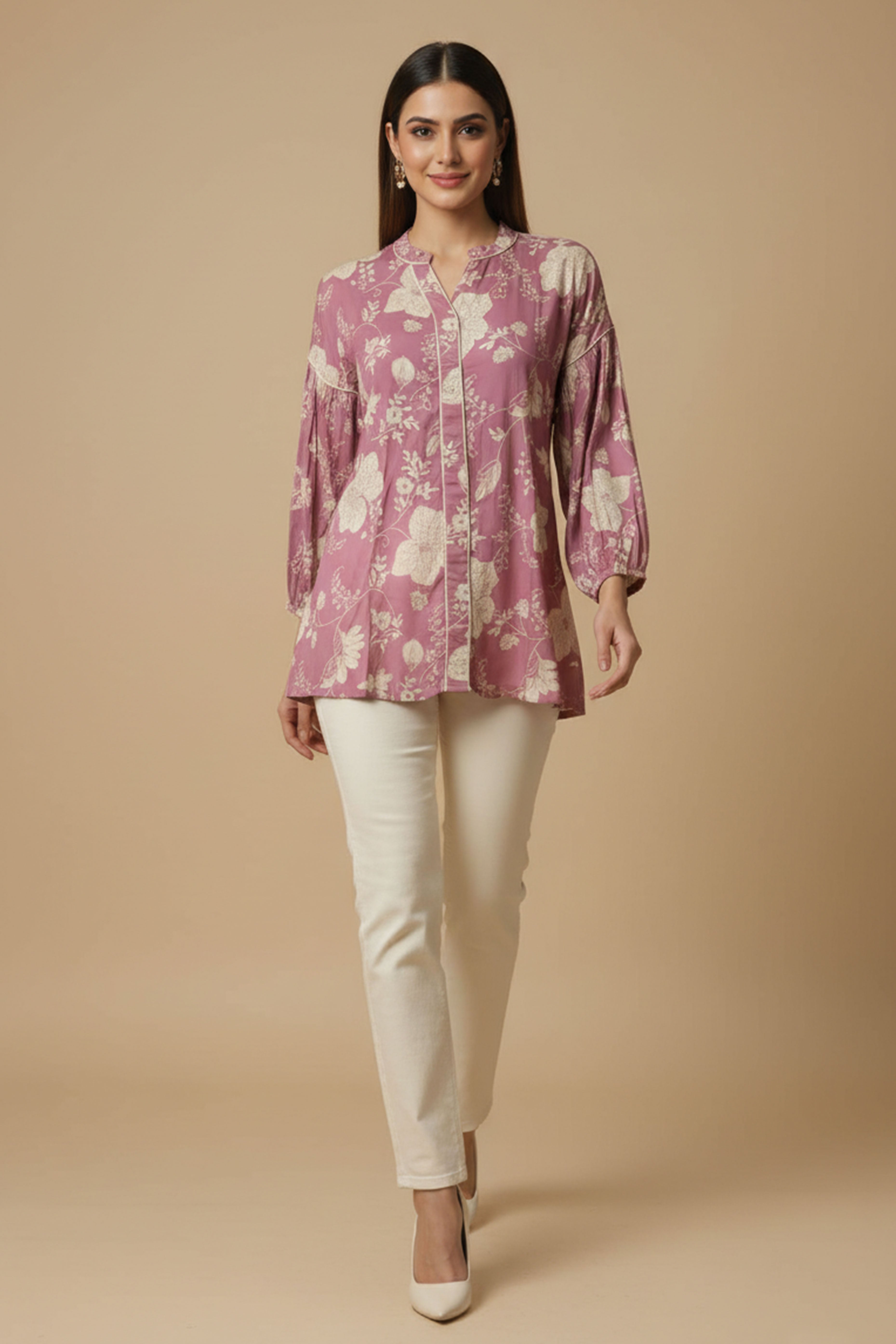 Light Pink Floral Printed Muslin Straight Top Perfect for Everyday Fashion