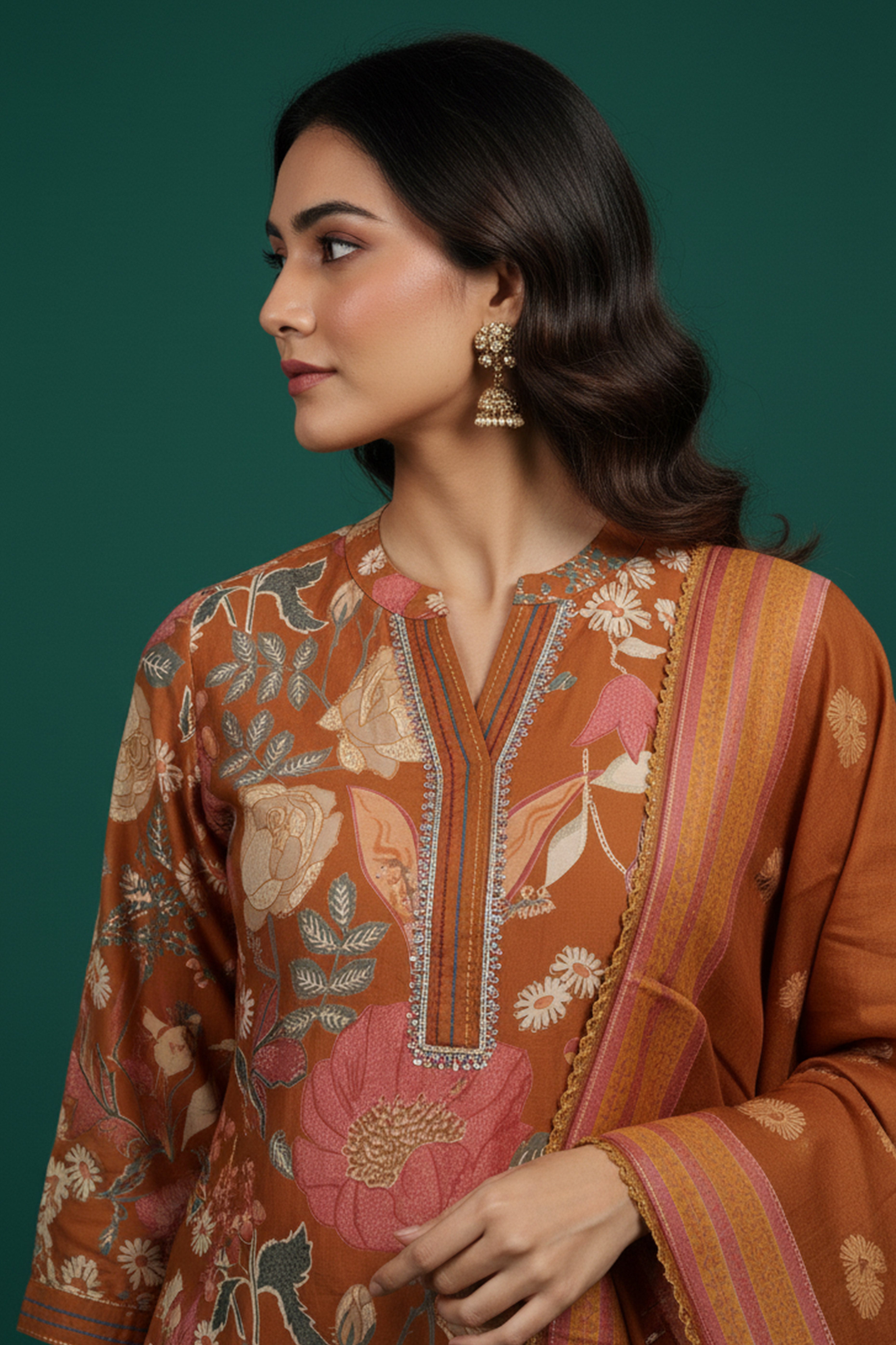 Rust Mul Chanderi Salwar Suit with All-Over Floral Print and Fine Handwork
