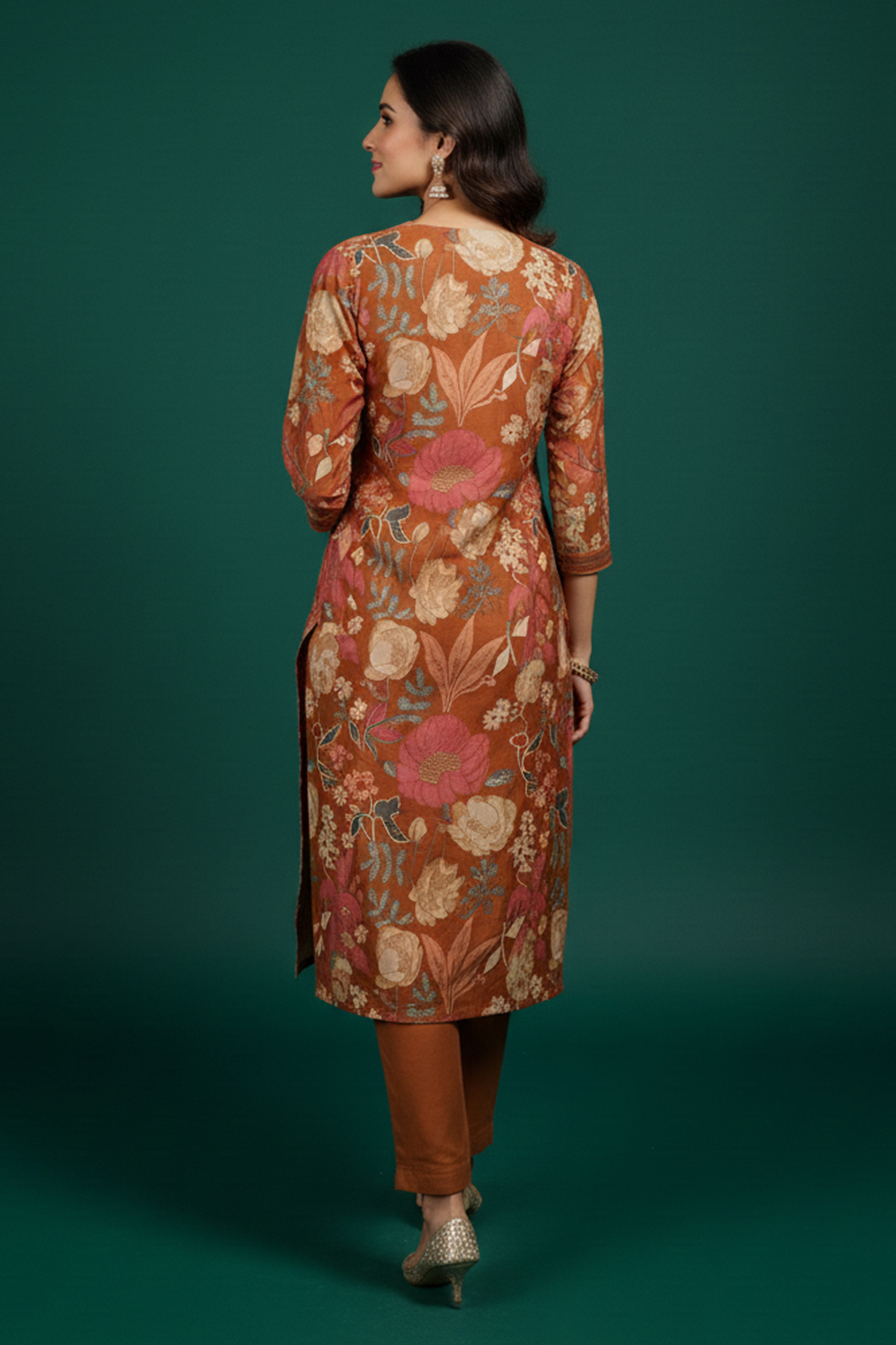 Rust Mul Chanderi Salwar Suit with All-Over Floral Print and Fine Handwork