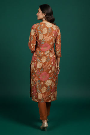 Rust Mul Chanderi Salwar Suit with All-Over Floral Print and Fine Handwork