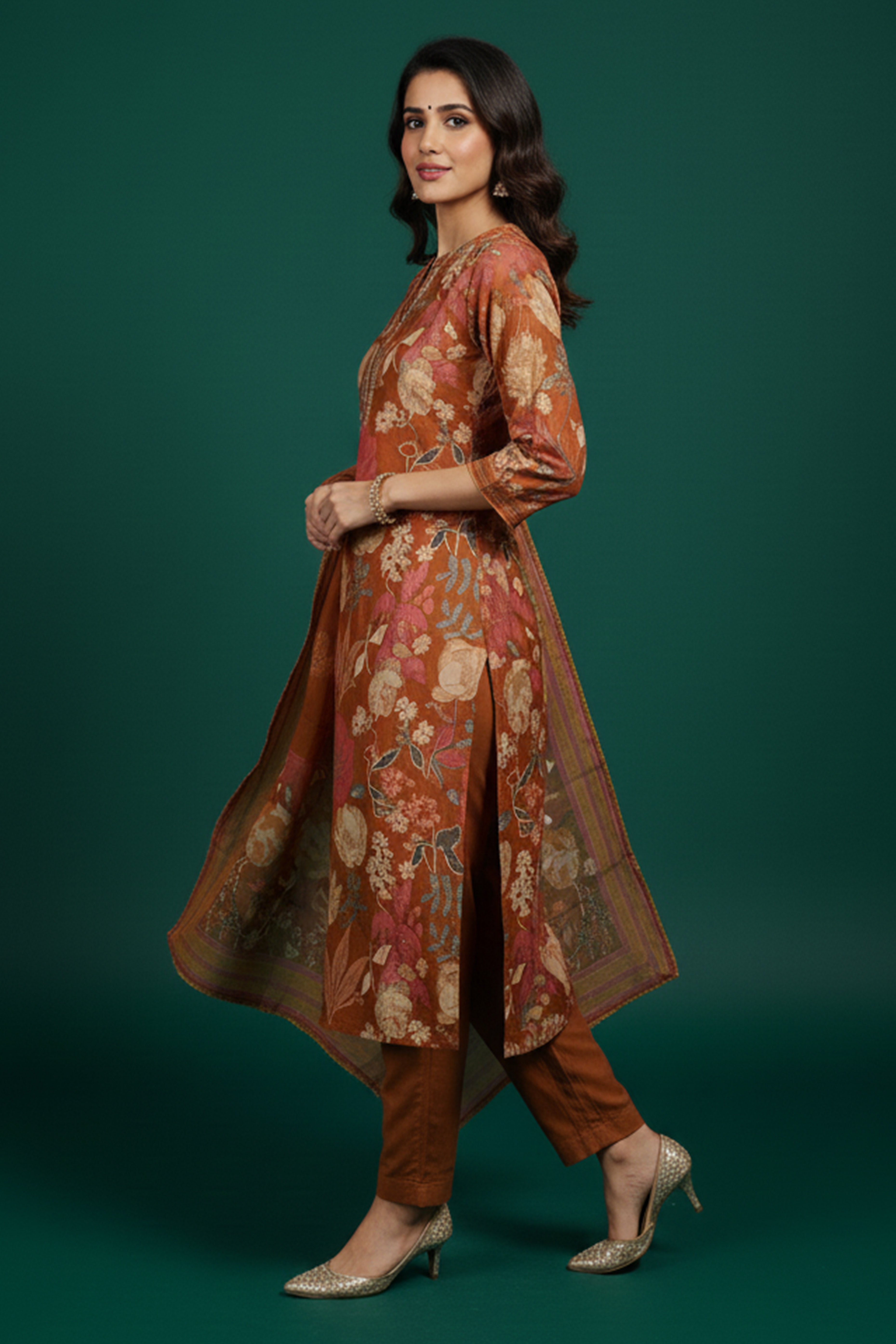 Rust Mul Chanderi Salwar Suit with All-Over Floral Print and Fine Handwork