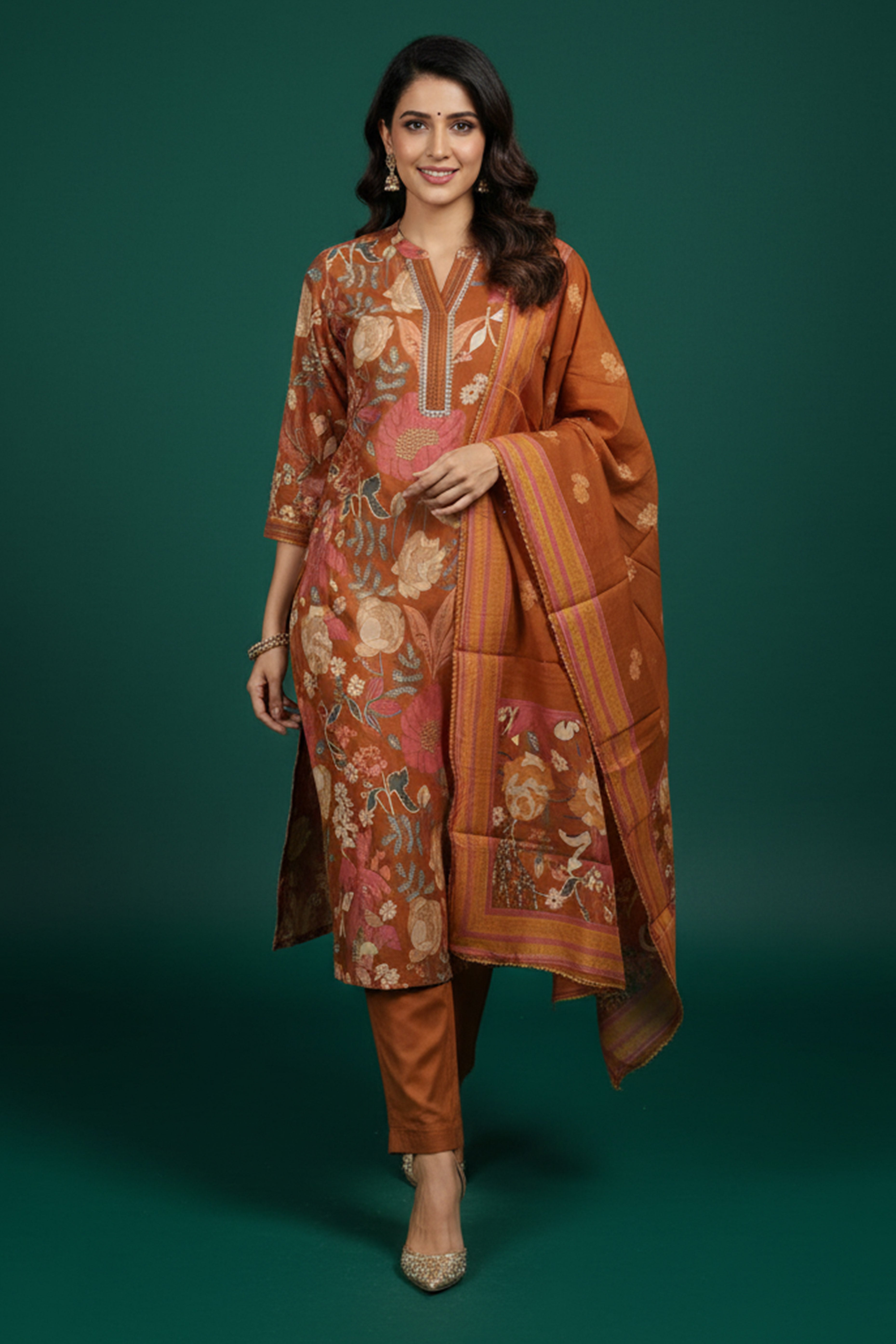 Rust Mul Chanderi Salwar Suit with All-Over Floral Print and Fine Handwork