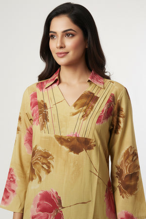 Minimalist Butter Yellow A-Line Top in Pure Cotton Featuring Elegant Floral Prints