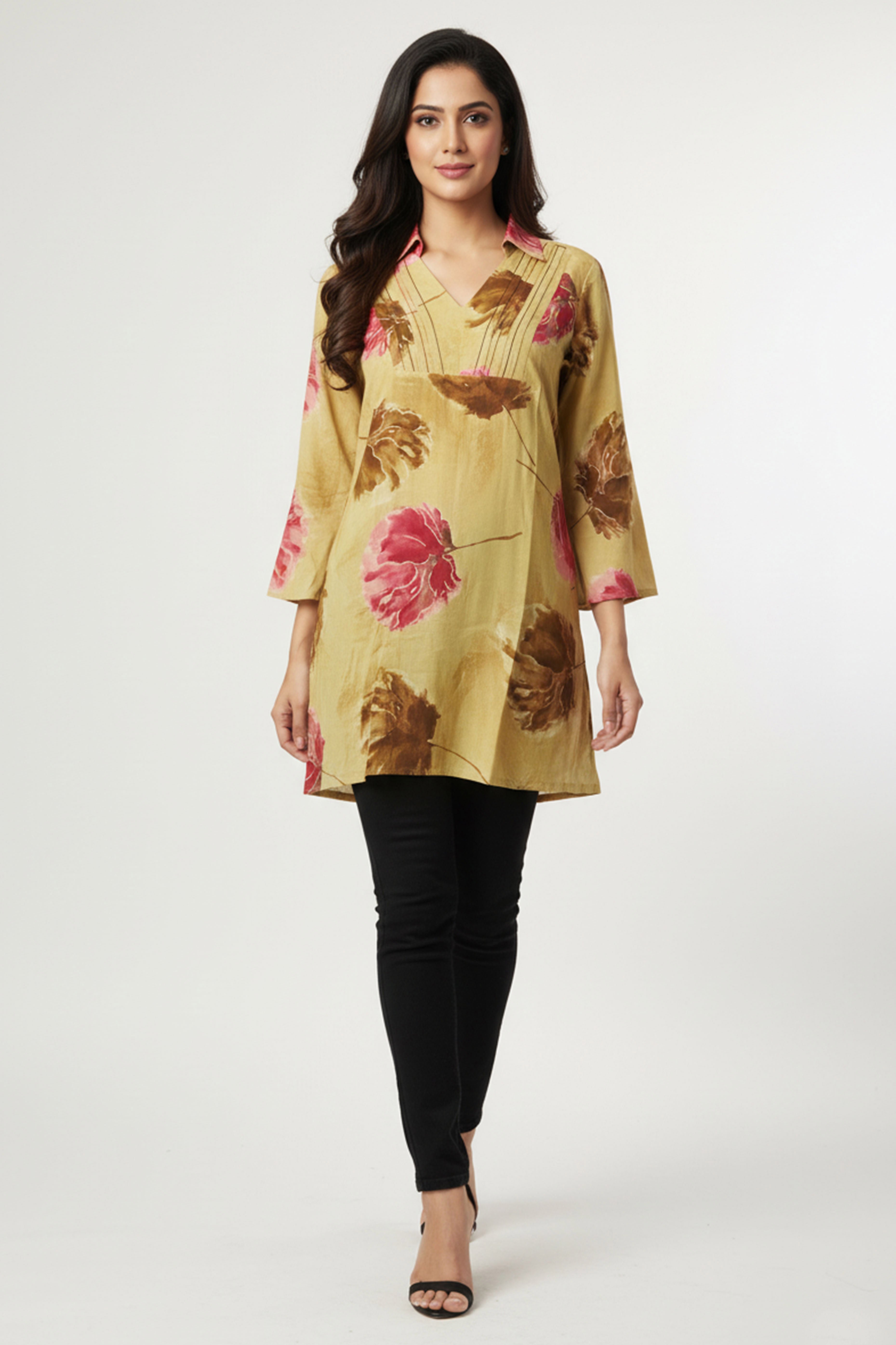 Minimalist Butter Yellow A-Line Top in Pure Cotton Featuring Elegant Floral Prints