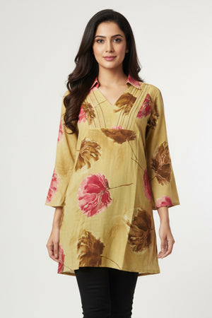 Minimalist Butter Yellow A-Line Top in Pure Cotton Featuring Elegant Floral Prints