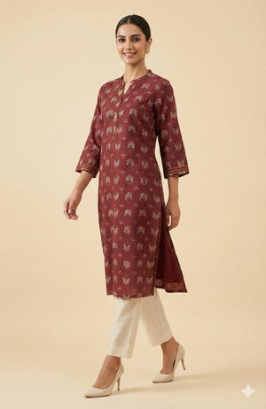 Maroon Everyday Wear Straight Cut Kurti Adorned with Floral Prints