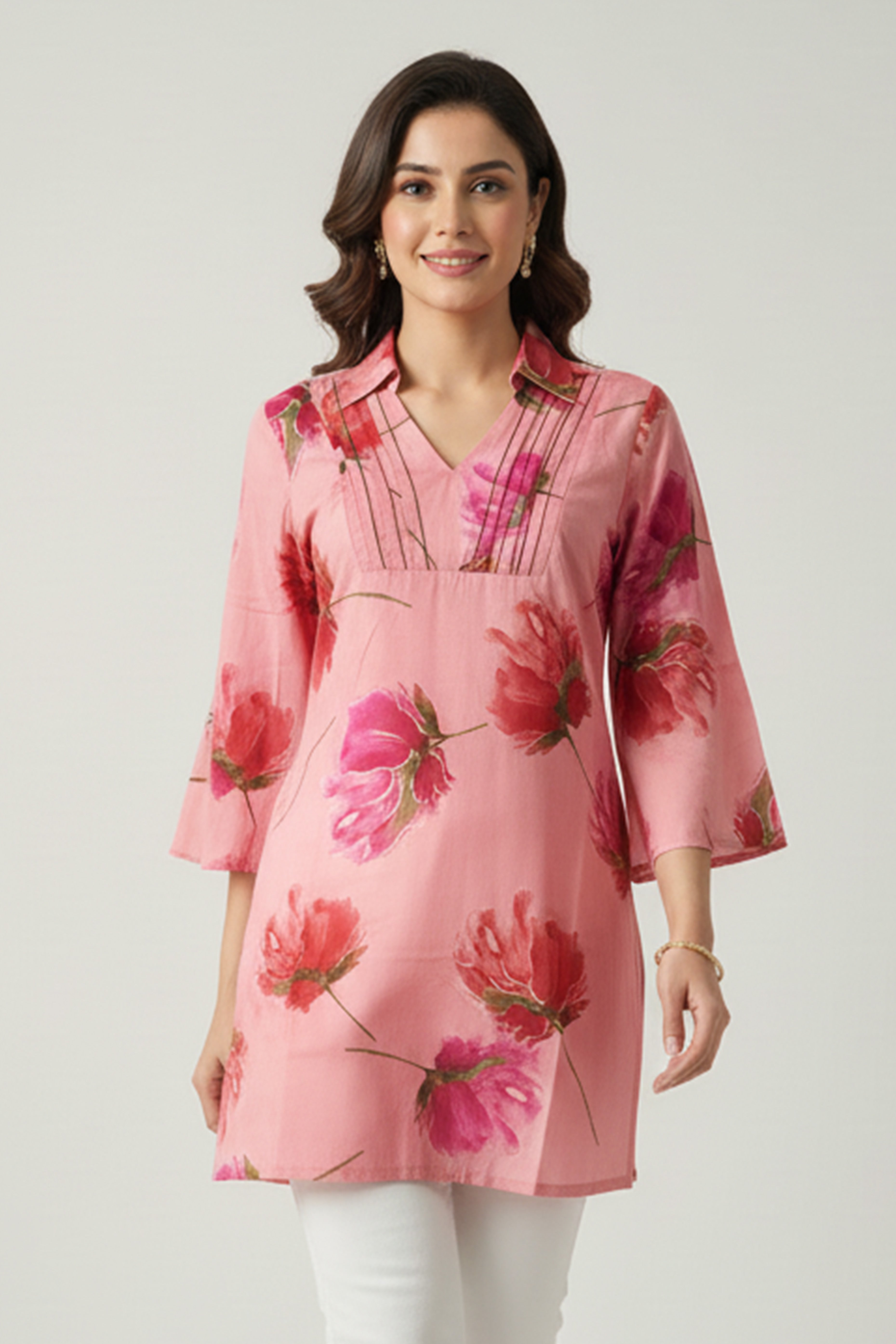 Minimalist Pink A-Line Top in Pure Cotton Featuring Elegant Floral Prints