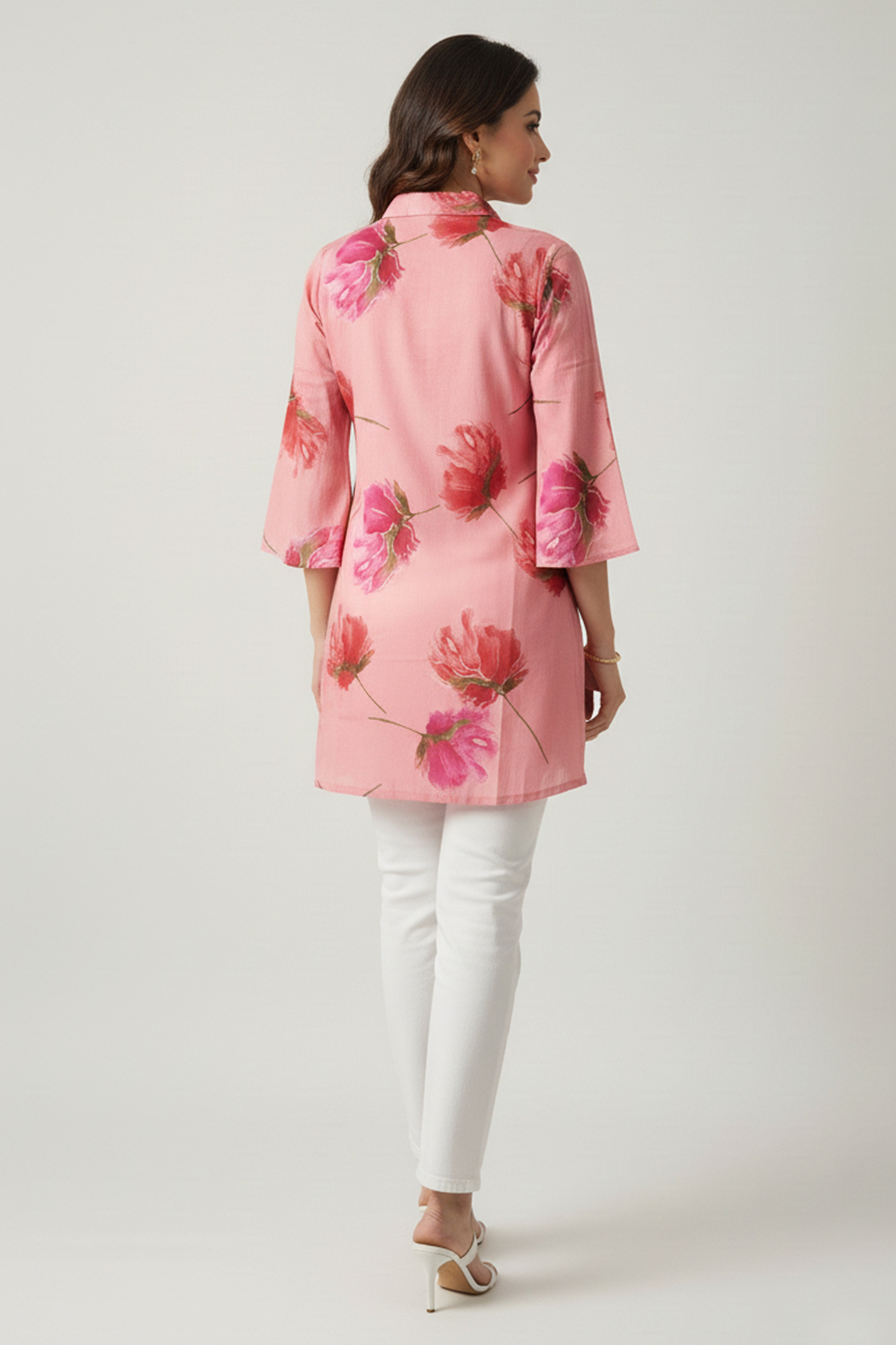 Minimalist Pink A-Line Top in Pure Cotton Featuring Elegant Floral Prints