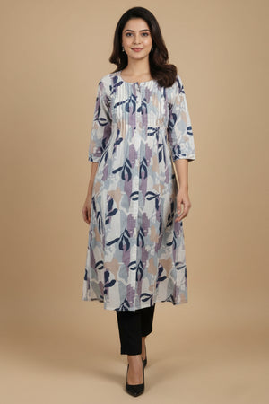 Trendy White Pure Cotton A-Line Kurti Highlighted with Vibrant Floral Patterns