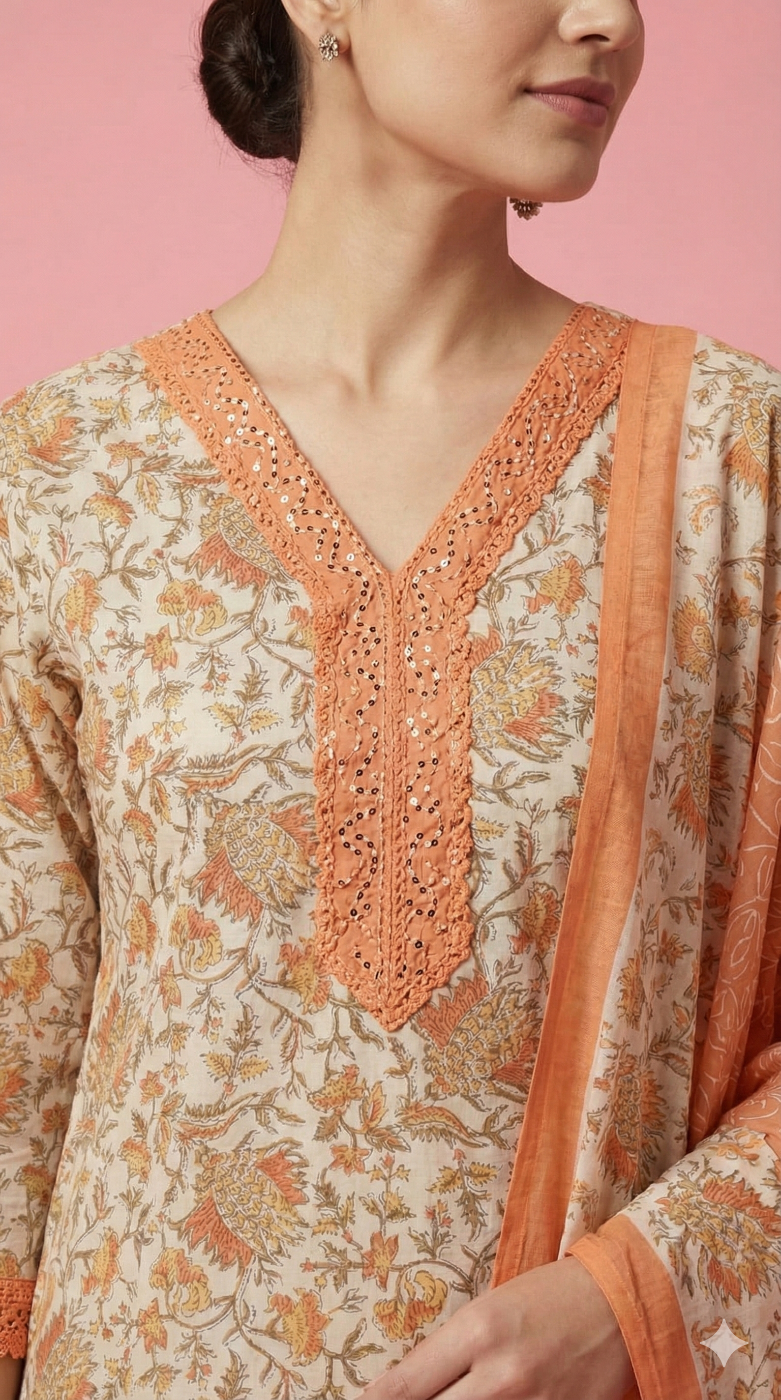 White with Orange Floral Printed Cotton Salwar Suit with Straight Kurta and Coordinated Dupatta