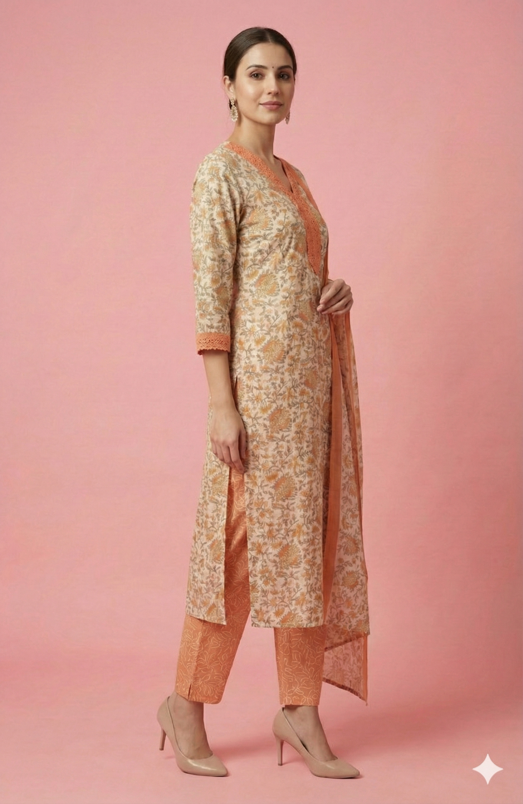 White with Orange Floral Printed Cotton Salwar Suit with Straight Kurta and Coordinated Dupatta