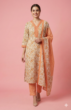 White with Orange Floral Printed Cotton Salwar Suit with Straight Kurta and Coordinated Dupatta