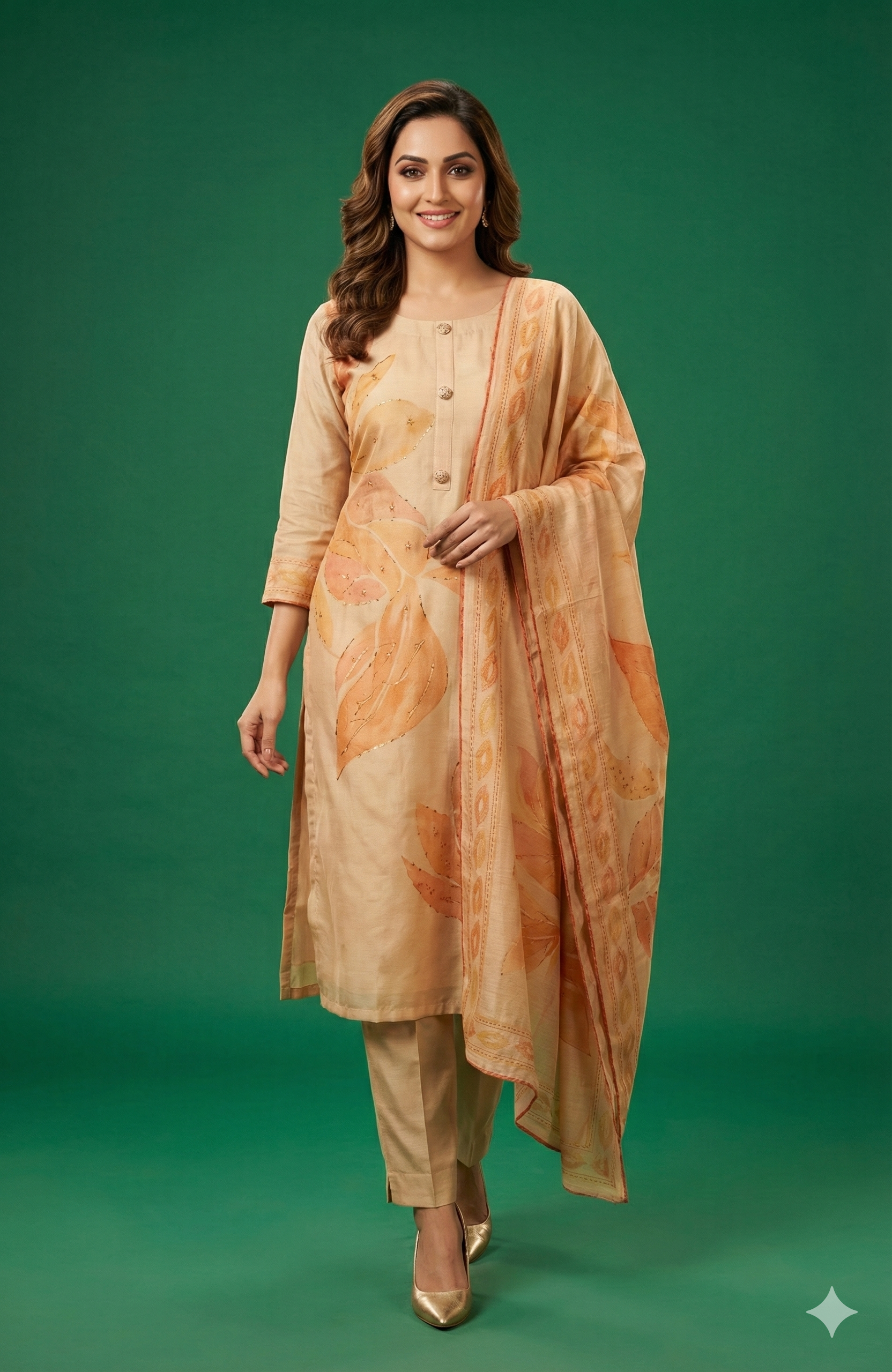 Peach Straight-Fit Muslin Salwar Suit Featuring Delicate Floral Printed Detailing