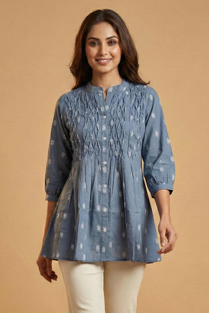 Blue Woven Pure Cotton A-Line Top with A-Line Silhouette