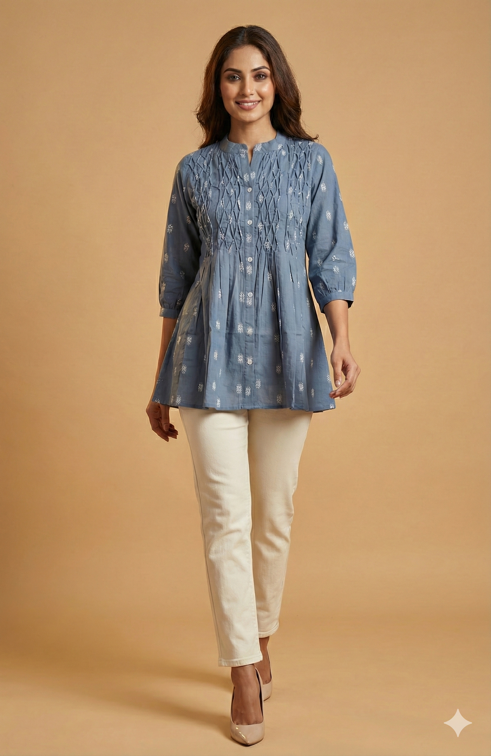Blue Woven Pure Cotton A-Line Top with A-Line Silhouette
