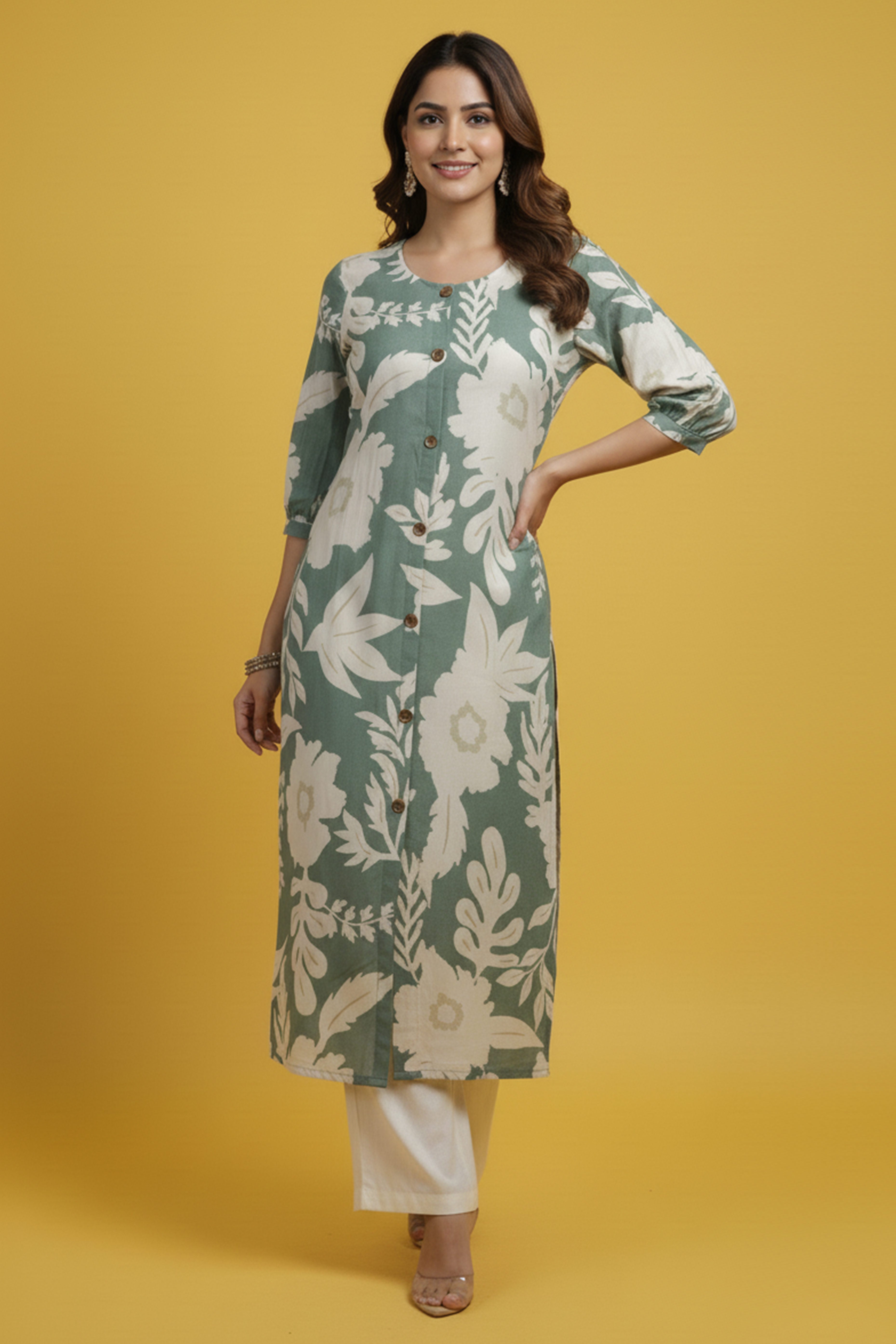 Green Comfortable & Trendy A-Line Kurti in Pure Cotton Fabric with Floral Design