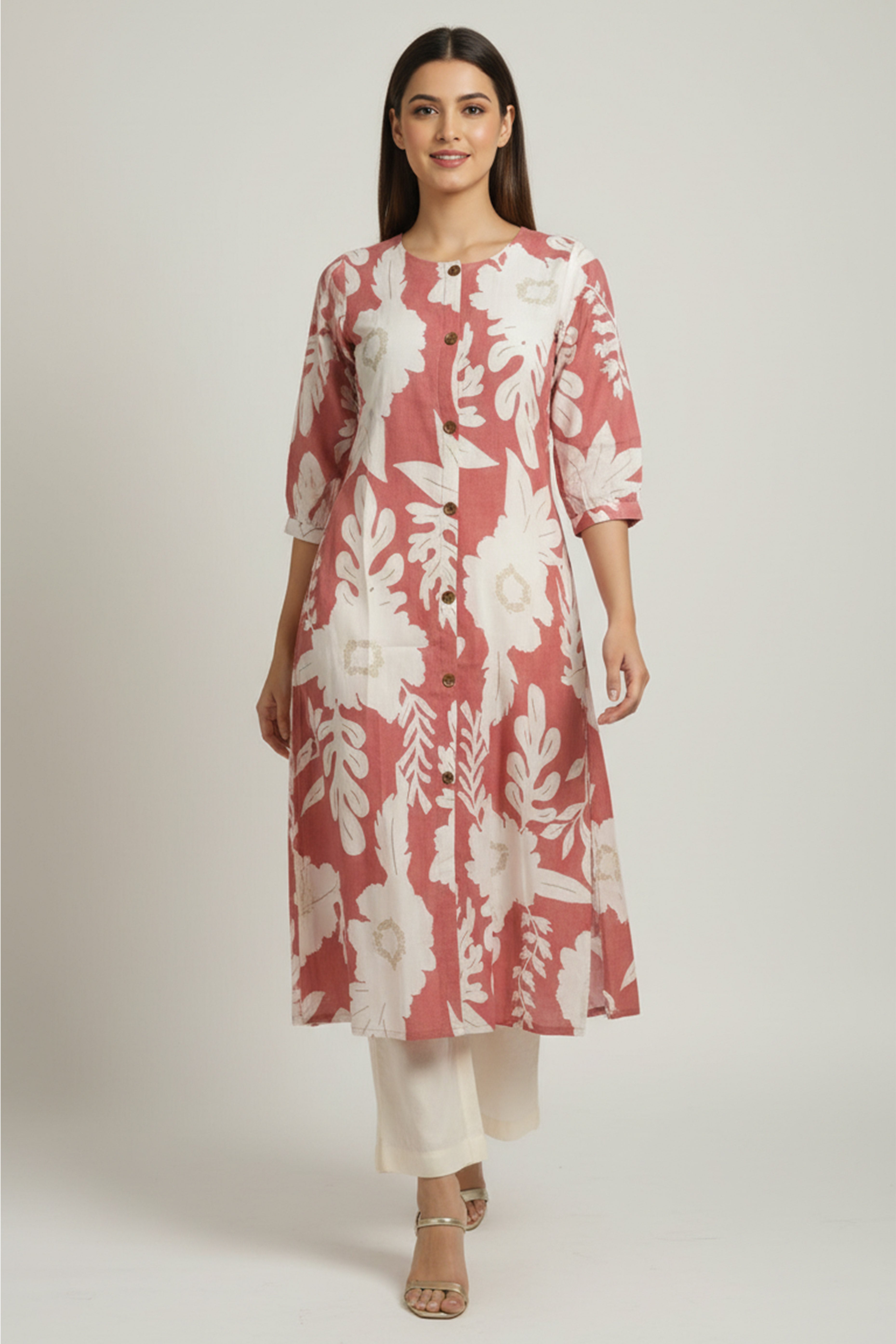 Dark Peach Comfortable & Trendy A-Line Kurti in Pure Cotton Fabric with Floral Design