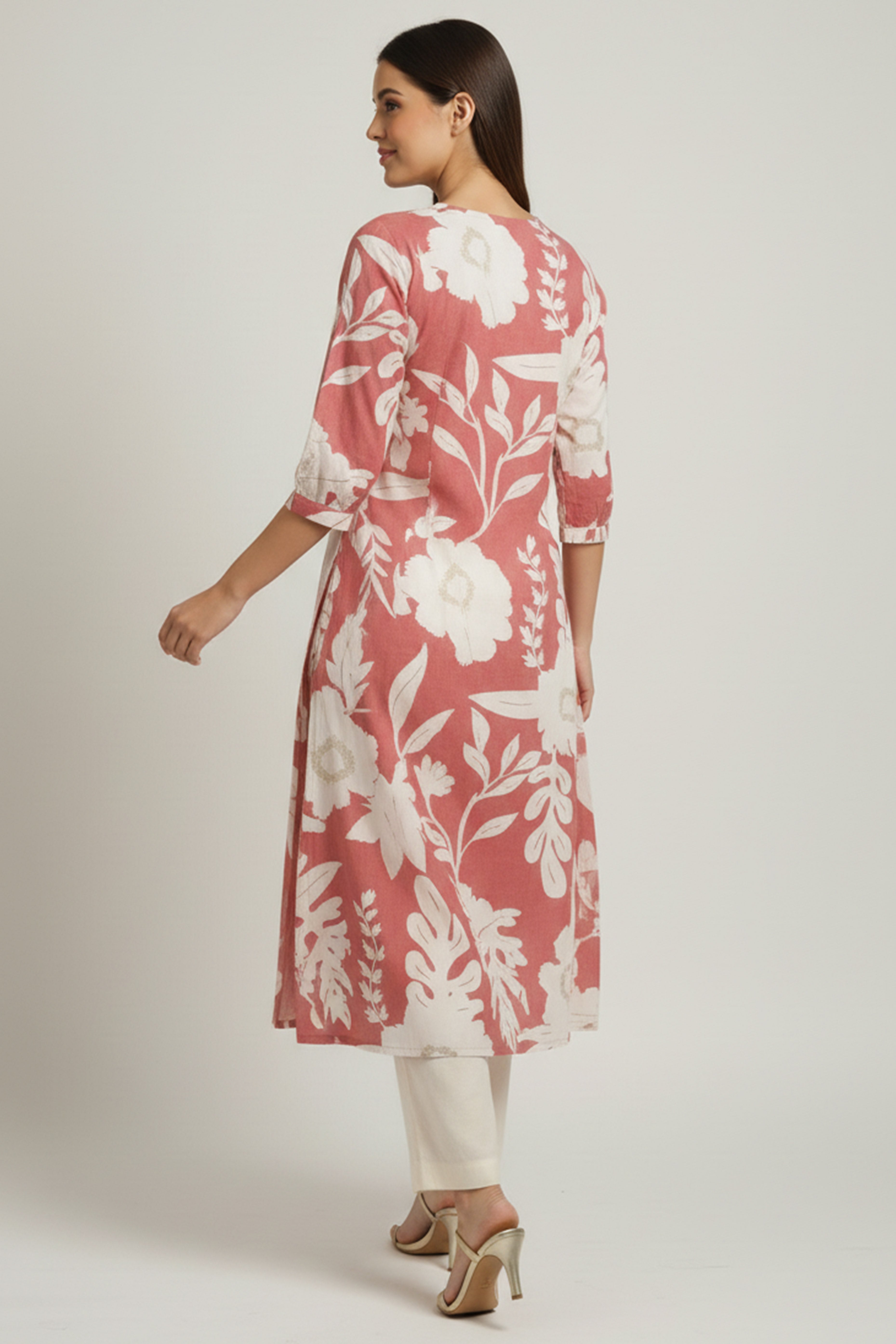 Dark Peach Comfortable & Trendy A-Line Kurti in Pure Cotton Fabric with Floral Design