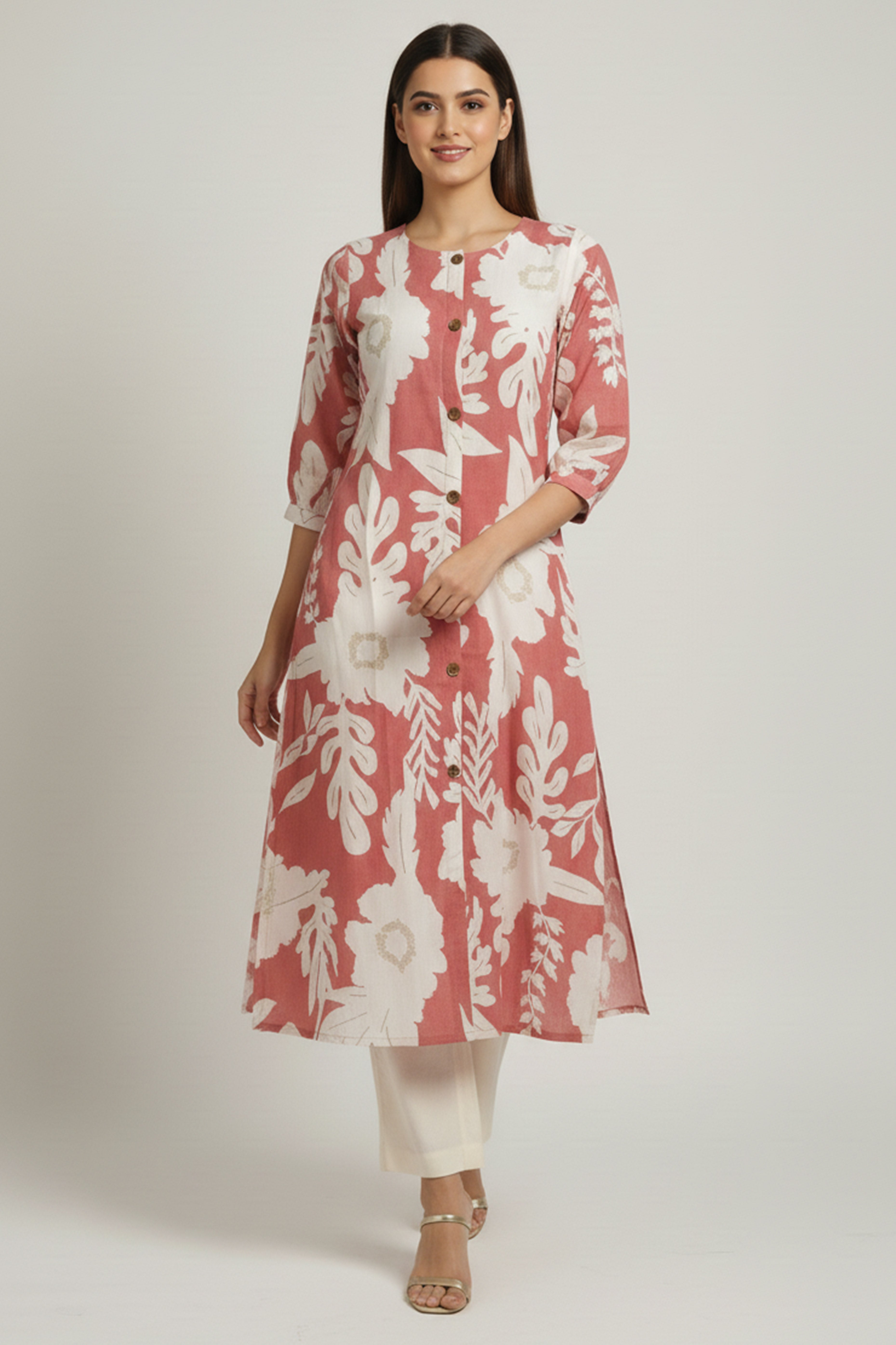 Dark Peach Comfortable & Trendy A-Line Kurti in Pure Cotton Fabric with Floral Design