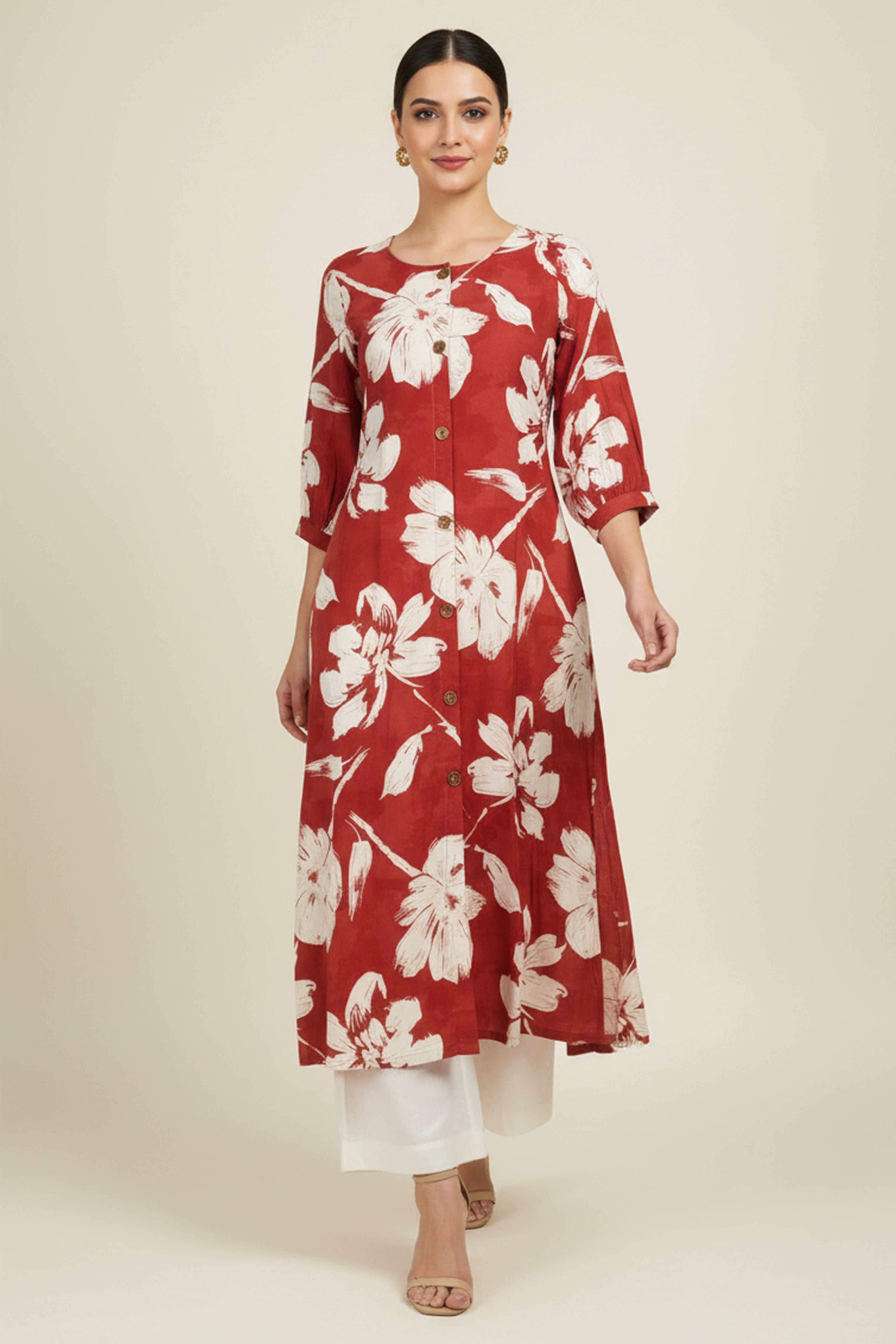 Red Rayon Kurti Accented with Delicate Floral Motifs