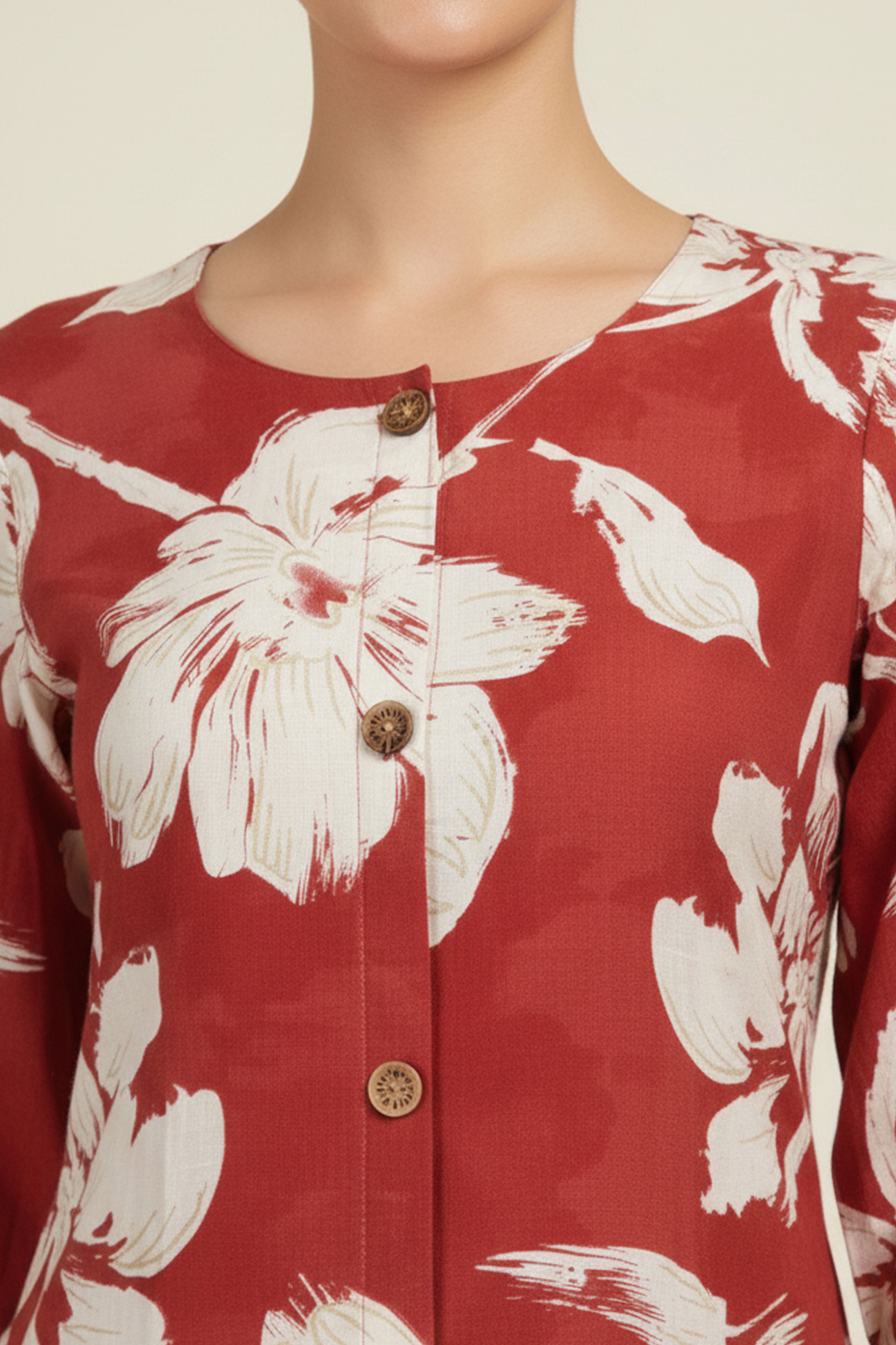 Red Rayon Kurti Accented with Delicate Floral Motifs