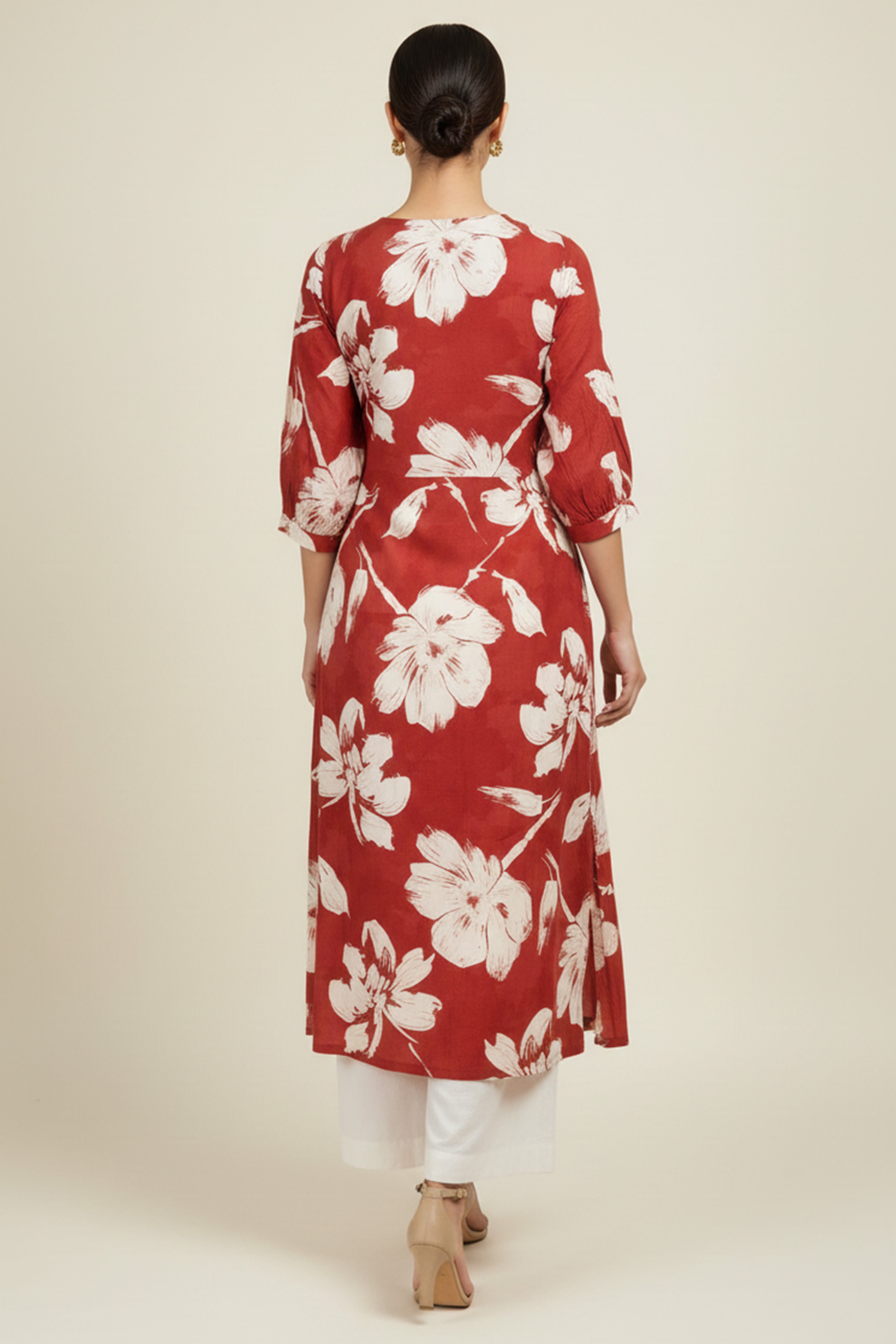 Red Rayon Kurti Accented with Delicate Floral Motifs