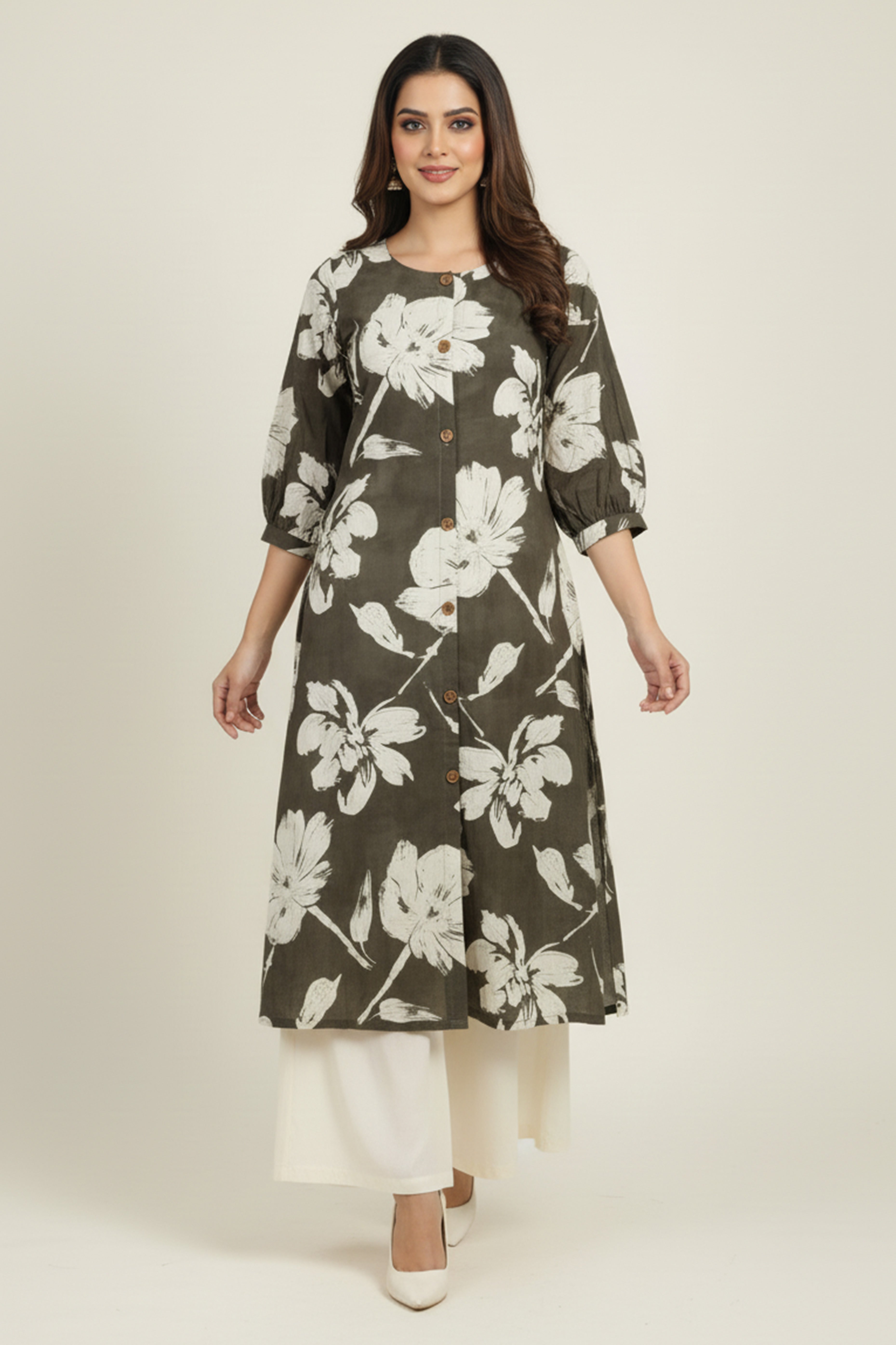 Dark Grey Rayon Kurti Accented with Delicate Floral Motifs