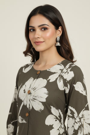 Dark Grey Rayon Kurti Accented with Delicate Floral Motifs