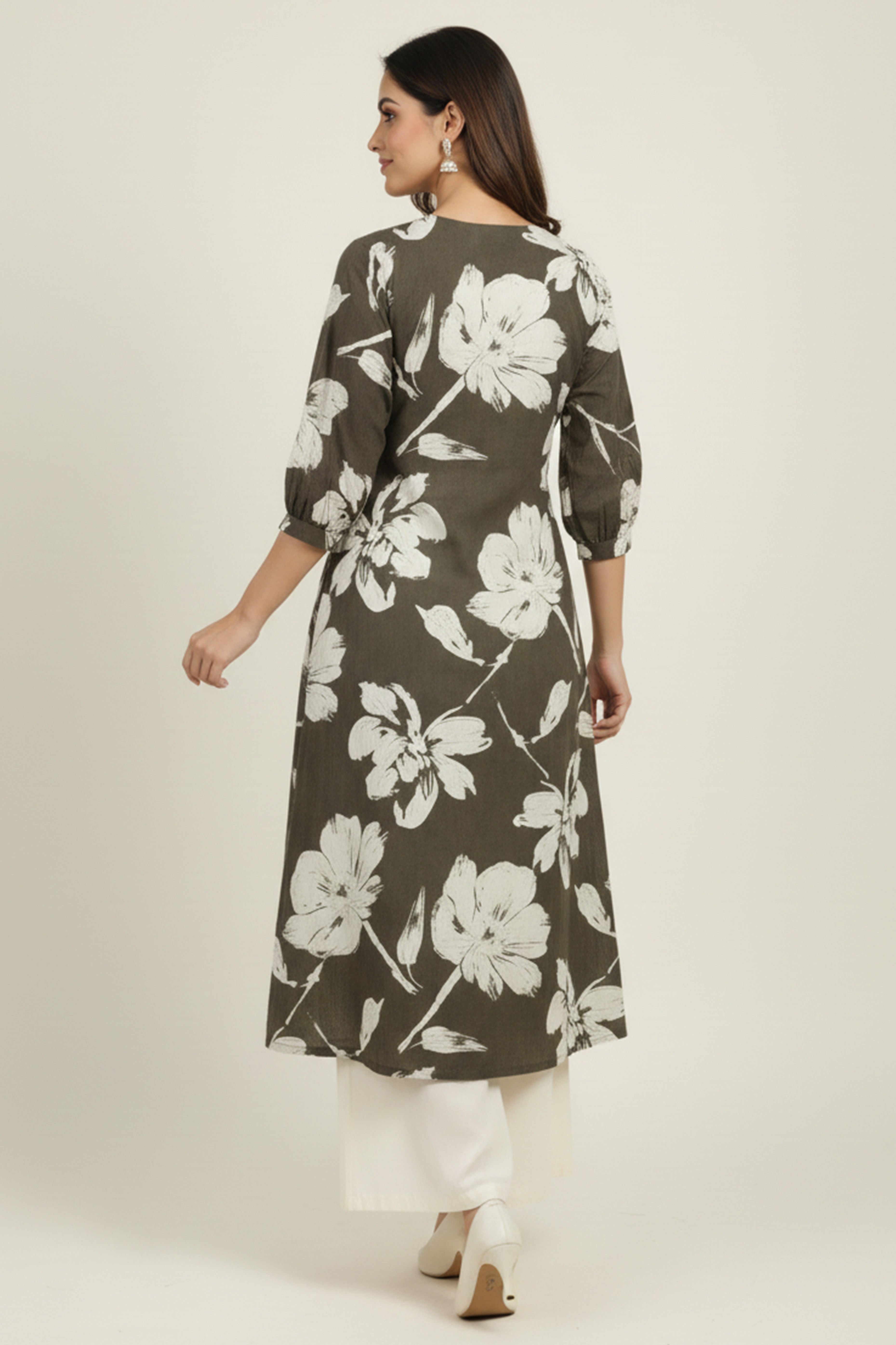 Dark Grey Rayon Kurti Accented with Delicate Floral Motifs