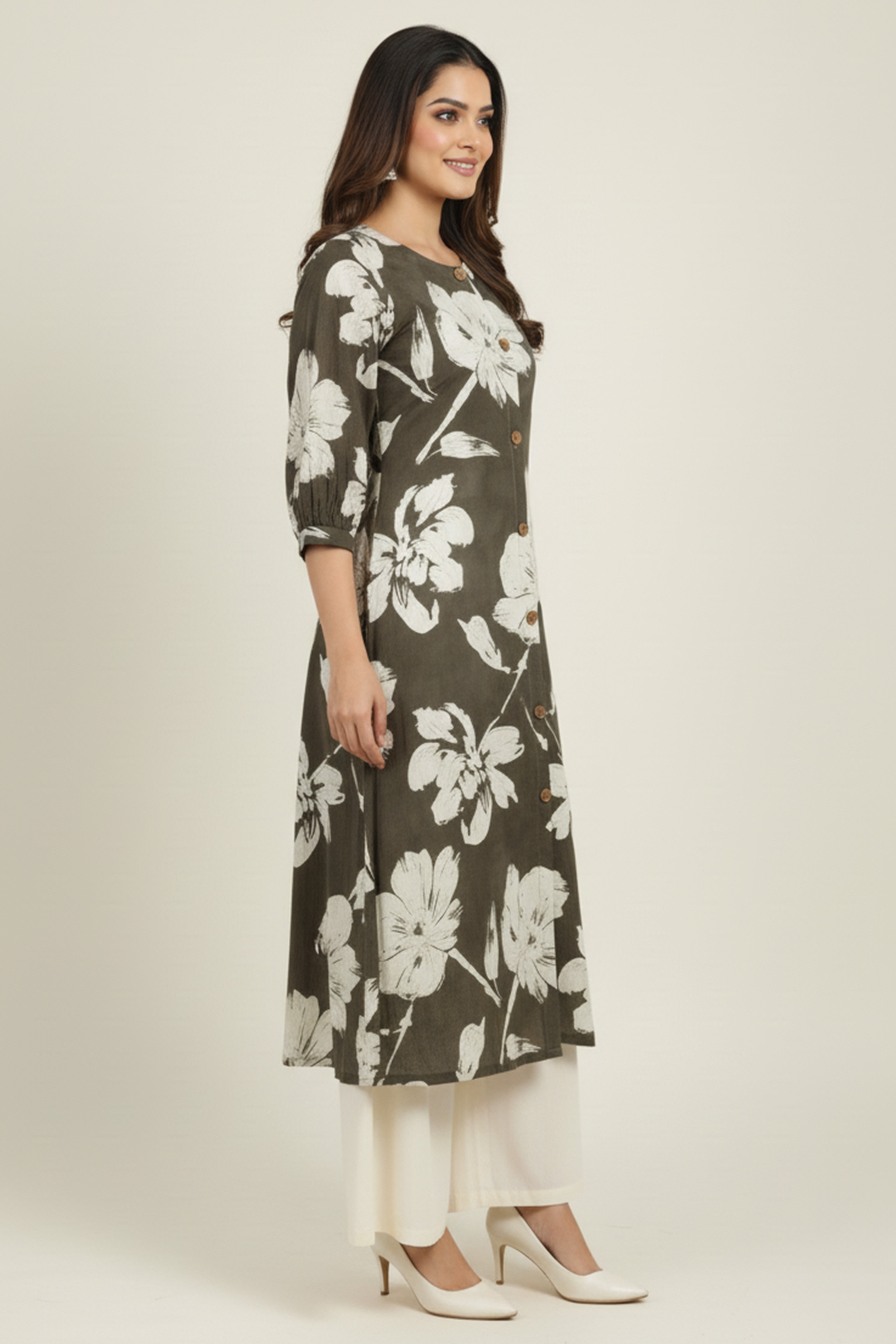 Dark Grey Rayon Kurti Accented with Delicate Floral Motifs
