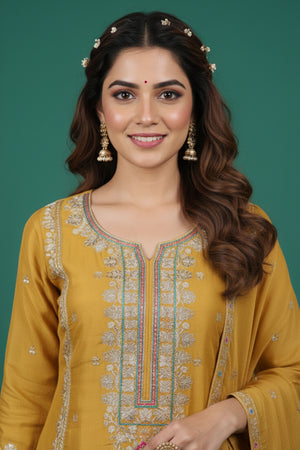 Bright Yellow Embroidered Pure Organza Suit with Sequins Highlights