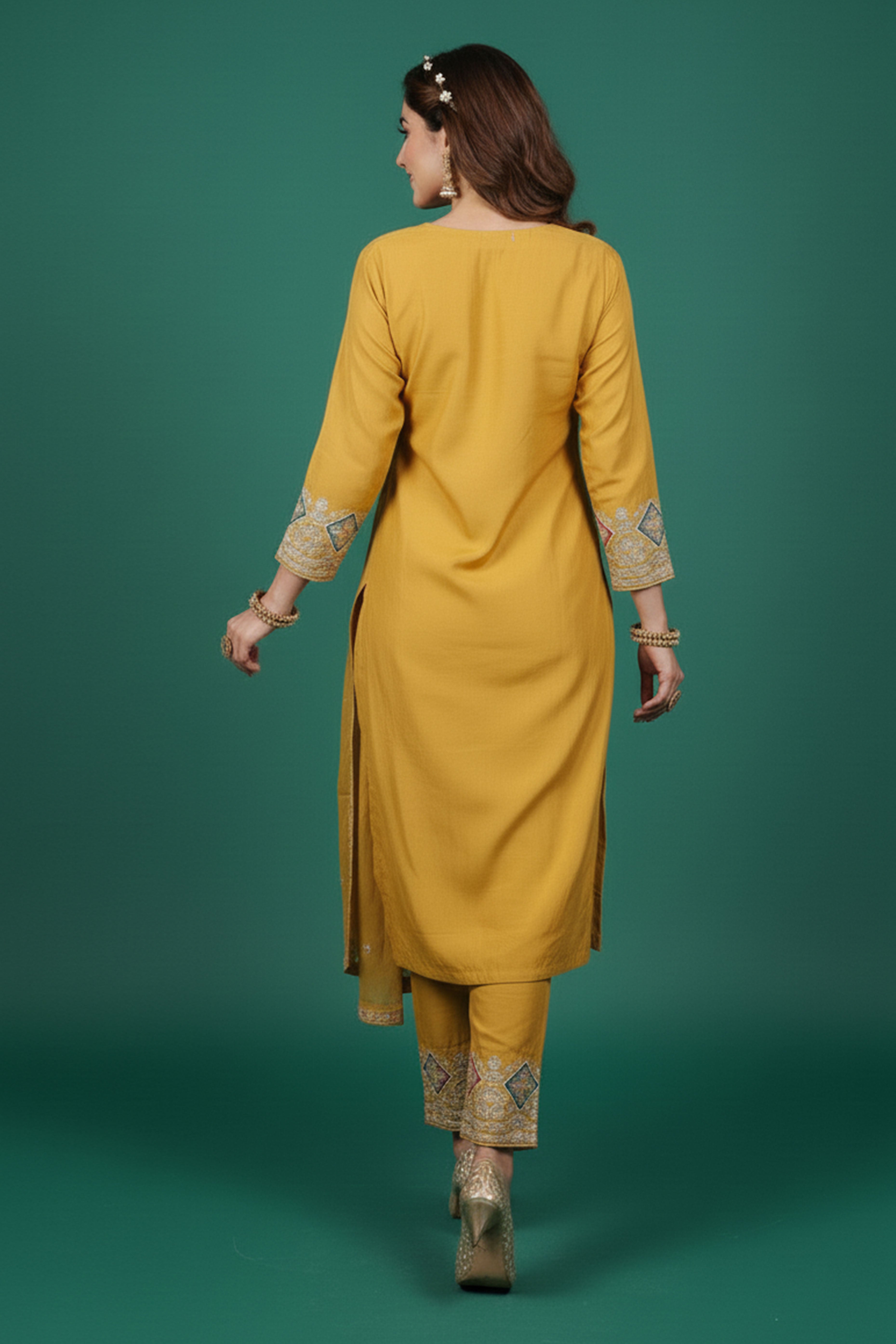 Bright Yellow Embroidered Pure Organza Suit with Sequins Highlights